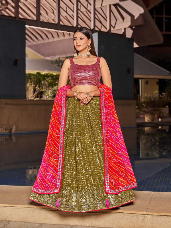 Jyoti Fashion Women's Olive Georgette Zari & Heavy Sequin Embroidery Lehenga Choli & Dupatta - Distacart