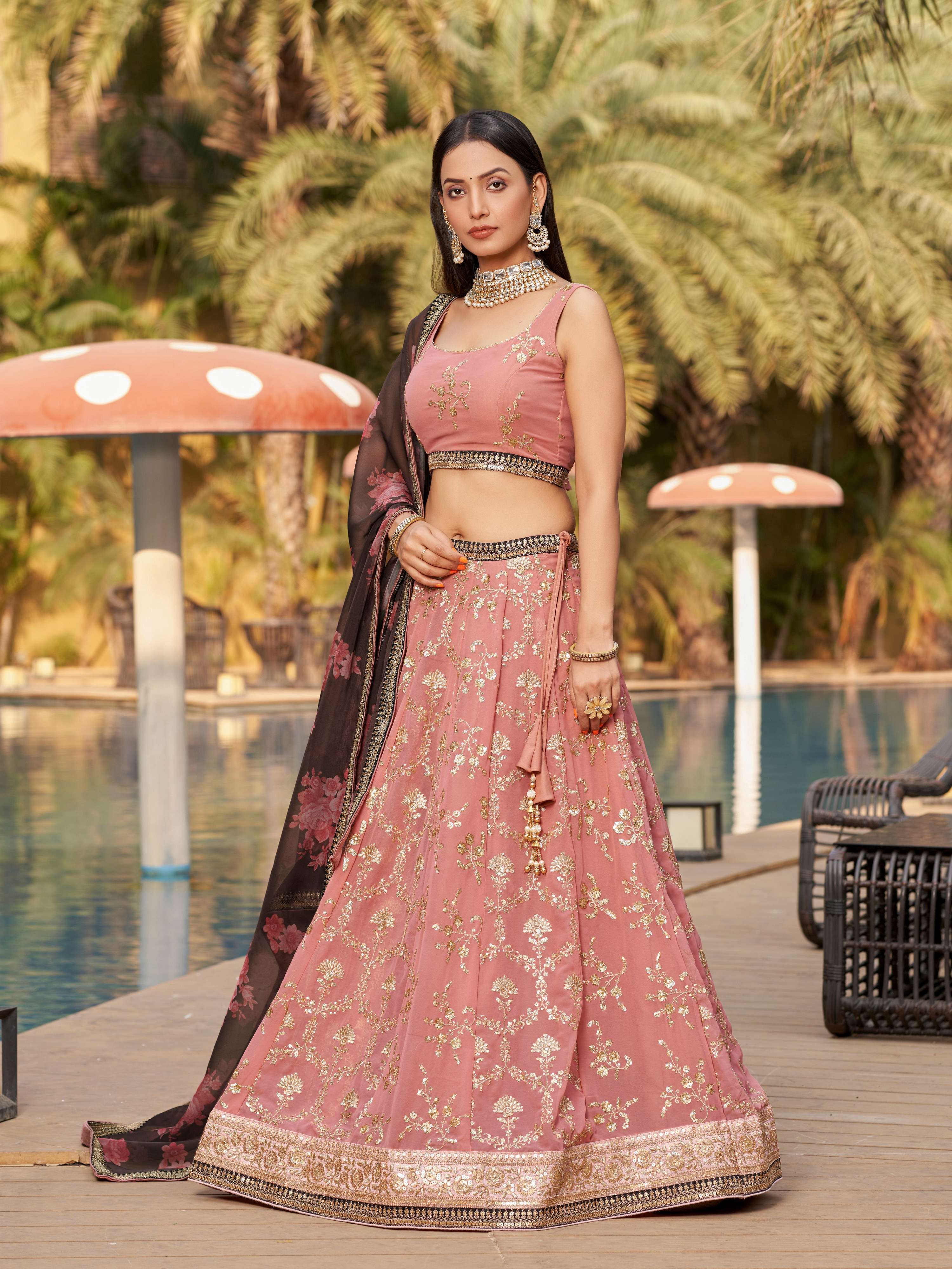 Jyoti Fashion Women's Pink Georgette Zari & Heavy Sequin Embroidery Lehenga Choli & Dupatta - Distacart