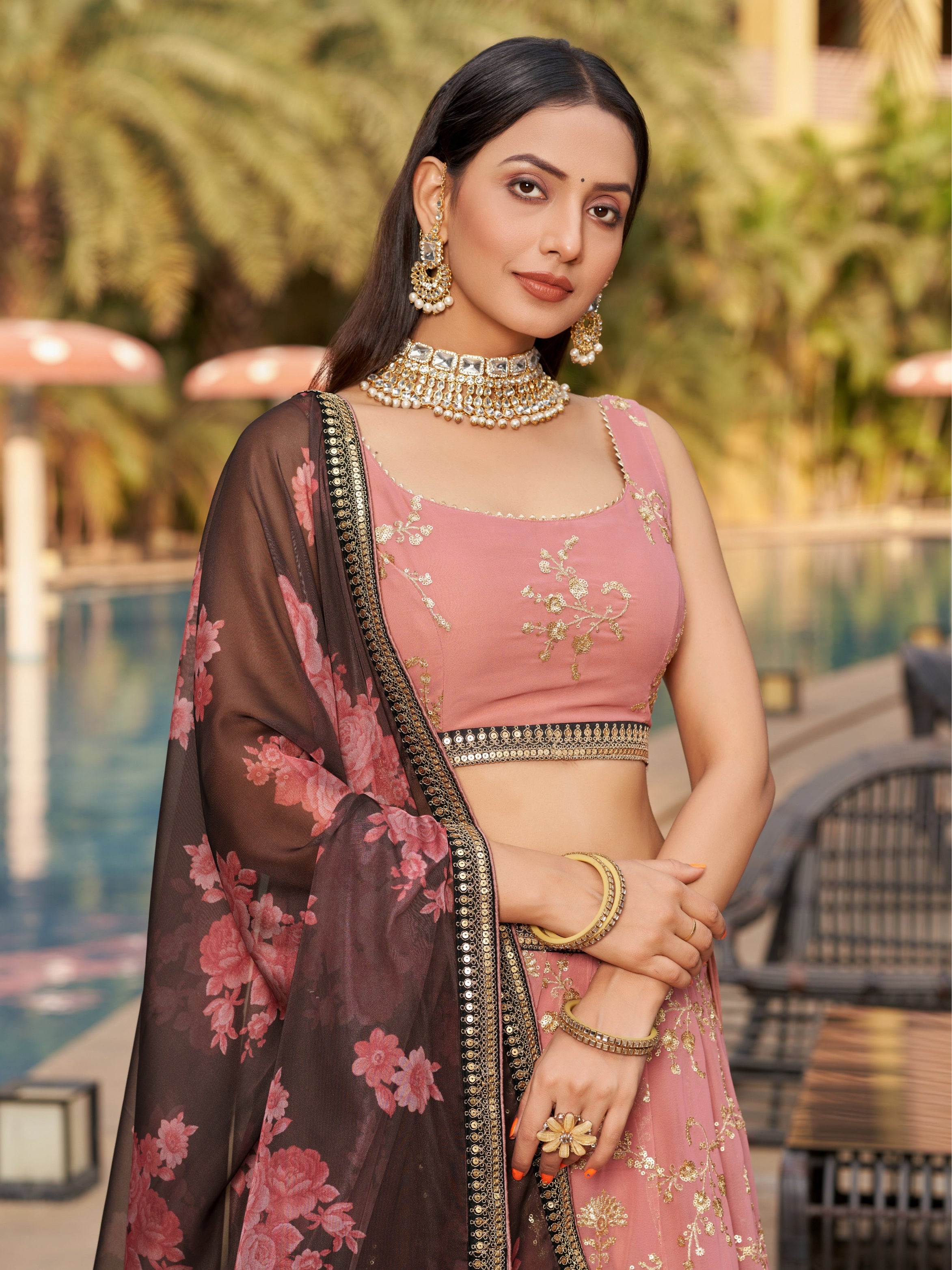 Jyoti Fashion Women's Pink Georgette Zari & Heavy Sequin Embroidery Lehenga Choli & Dupatta - Distacart