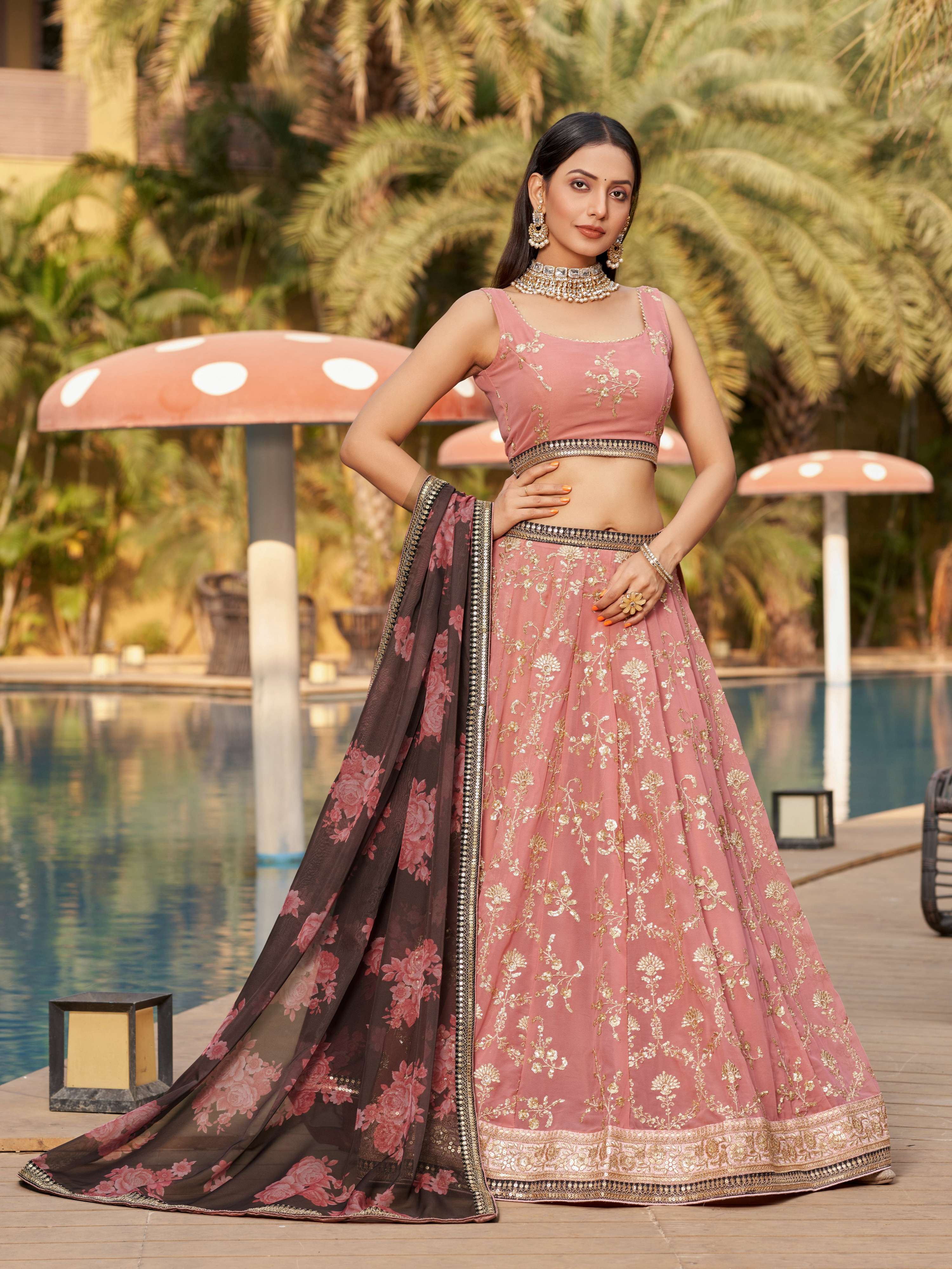 Jyoti Fashion Women's Pink Georgette Zari & Heavy Sequin Embroidery Lehenga Choli & Dupatta - Distacart