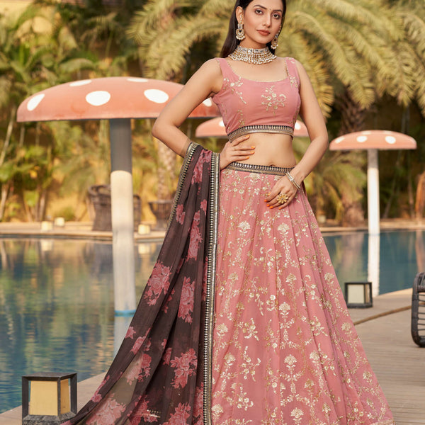 Jyoti Fashion Women's Pink Georgette Zari & Heavy Sequin Embroidery Lehenga Choli & Dupatta - Distacart
