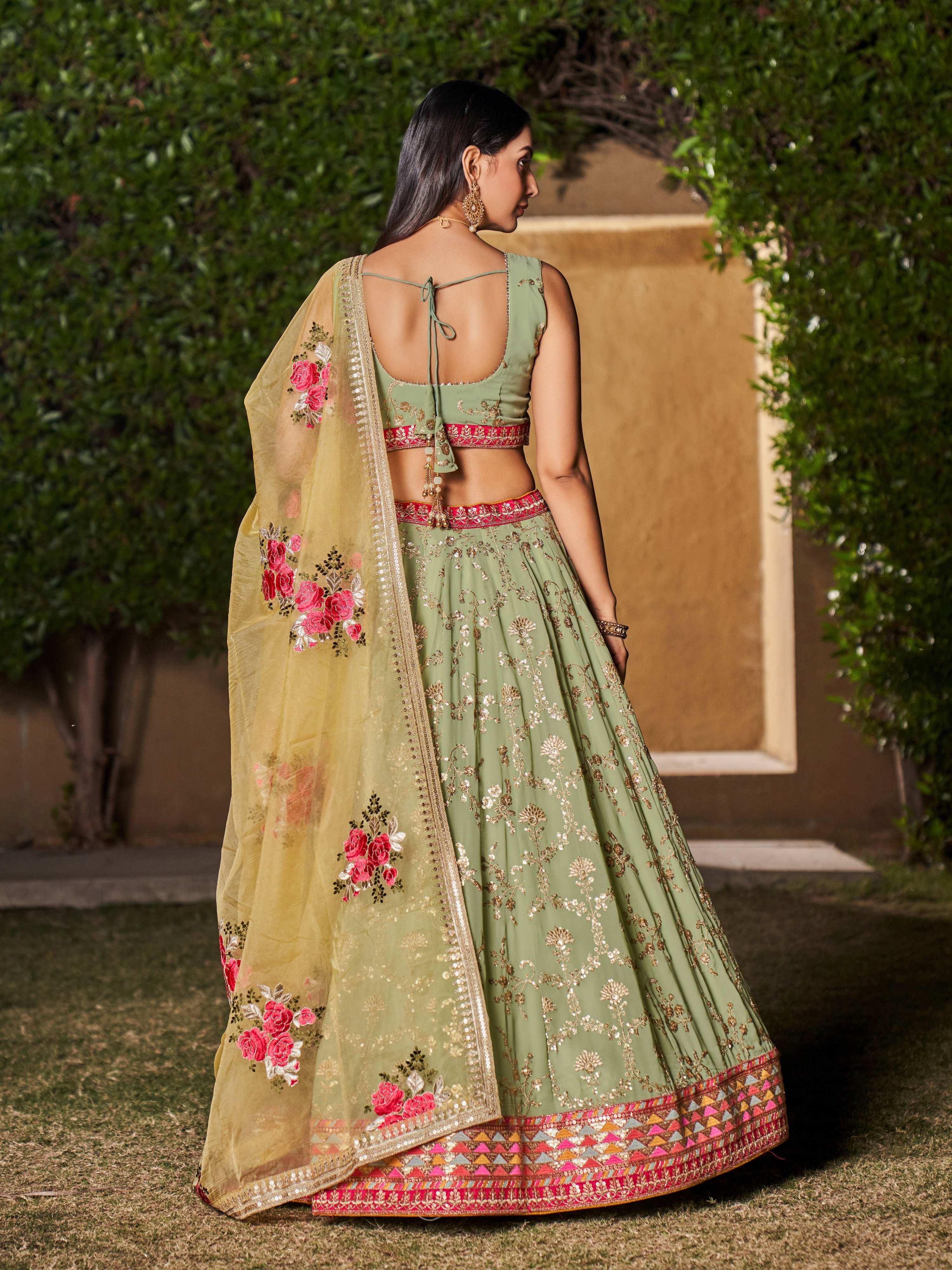 Jyoti Fashion Women's Pista Georgette Zari & Heavy Sequin Embroidery Lehenga Choli & Dupatta - Distacart