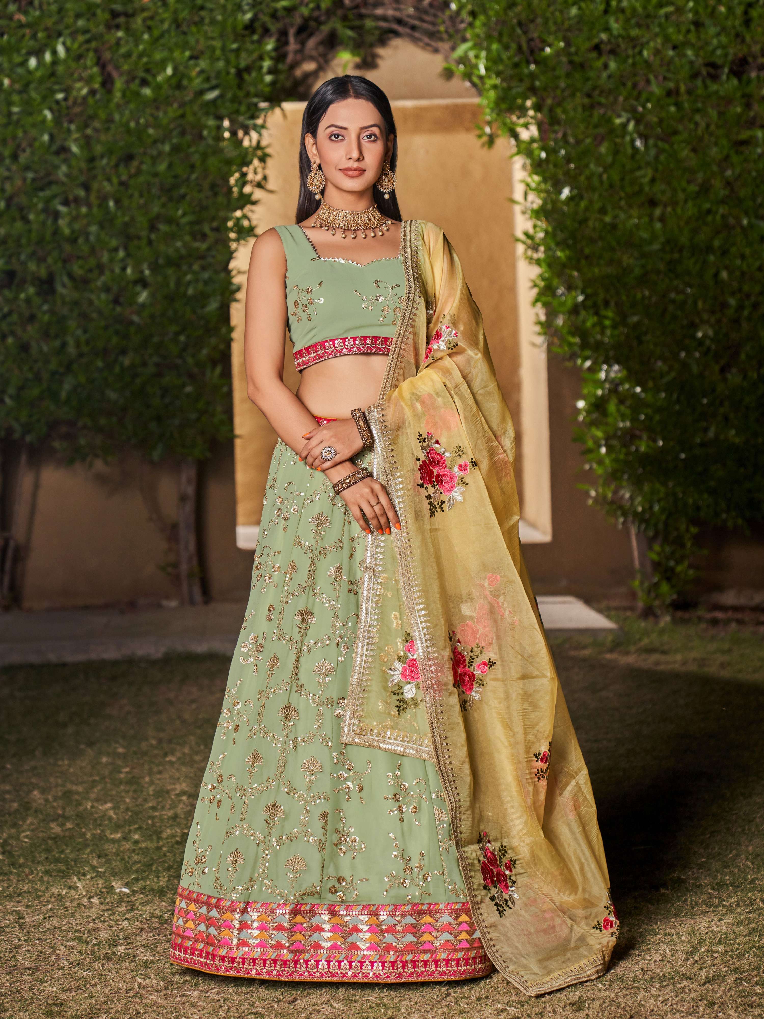 Jyoti Fashion Women's Pista Georgette Zari & Heavy Sequin Embroidery Lehenga Choli & Dupatta - Distacart