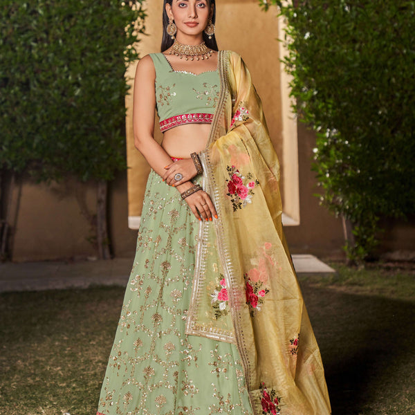 Jyoti Fashion Women's Pista Georgette Zari & Heavy Sequin Embroidery Lehenga Choli & Dupatta - Distacart