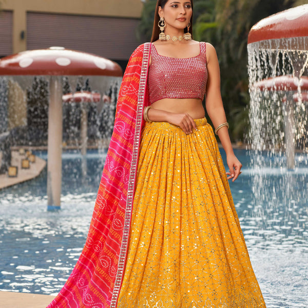 Jyoti Fashion Women's Yellow Georgette Zari & Heavy Sequin Embroidery Lehenga Choli & Dupatta - Distacart