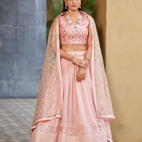 Jyoti Fashion Women's Pink Georgette Zari & Heavy Sequin Embroidery Lehenga Choli & Dupatta - Distacart