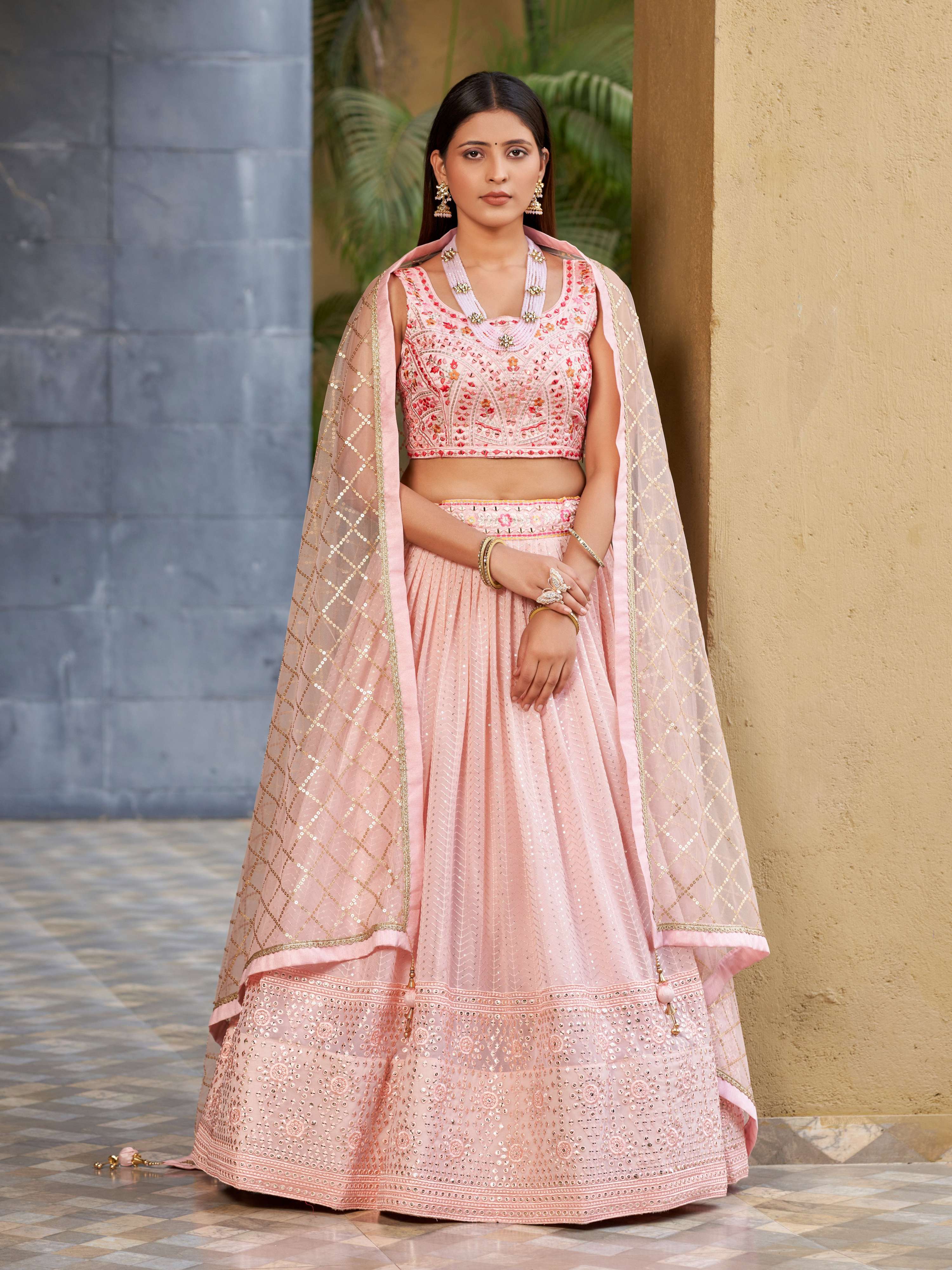 Jyoti Fashion Women's Pink Georgette Zari & Heavy Sequin Embroidery Lehenga Choli & Dupatta - Distacart
