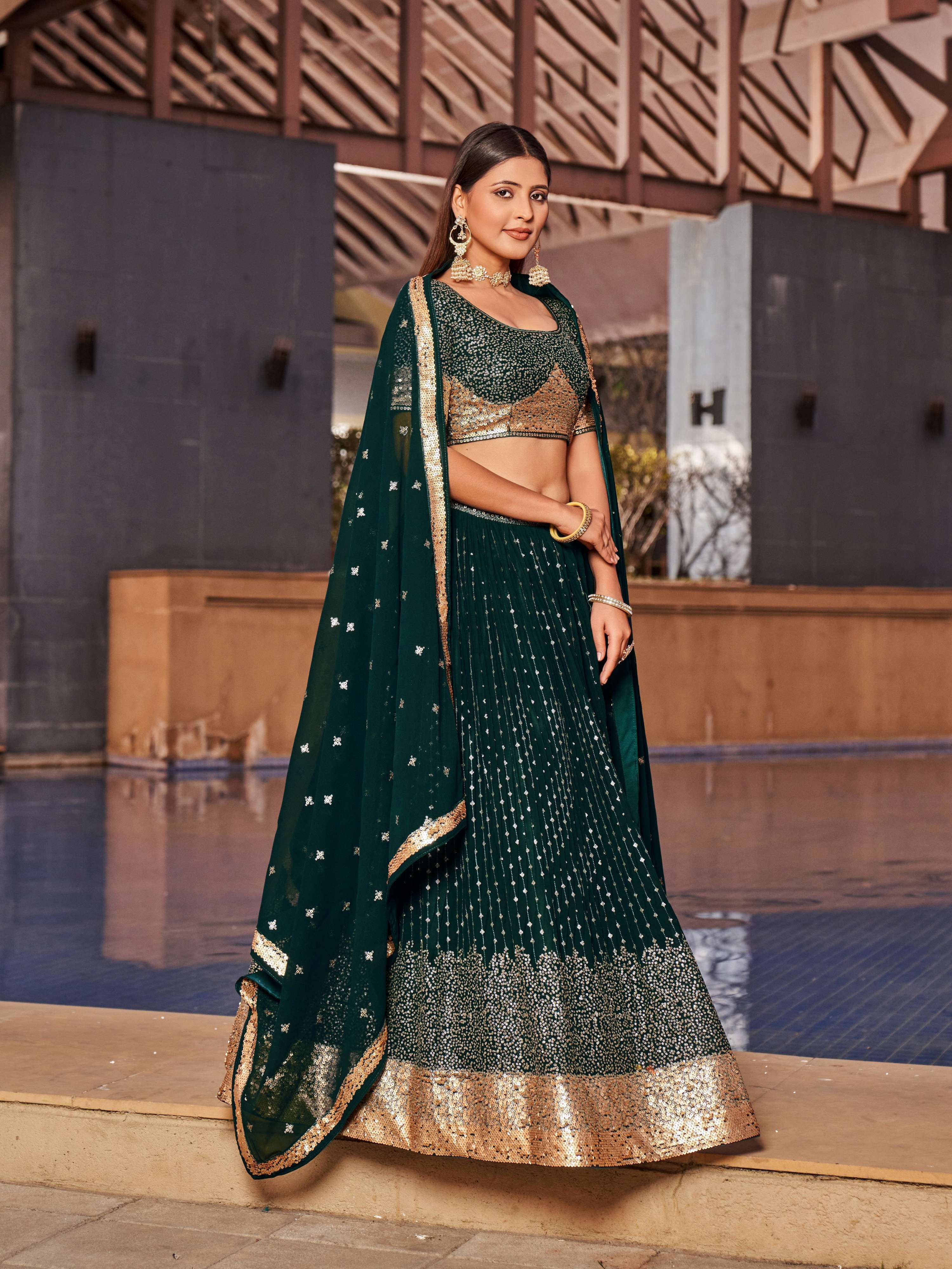 Jyoti Fashion Women's Green Georgette Zari & Heavy Sequin Embroidery Lehenga Choli & Dupatta - Distacart