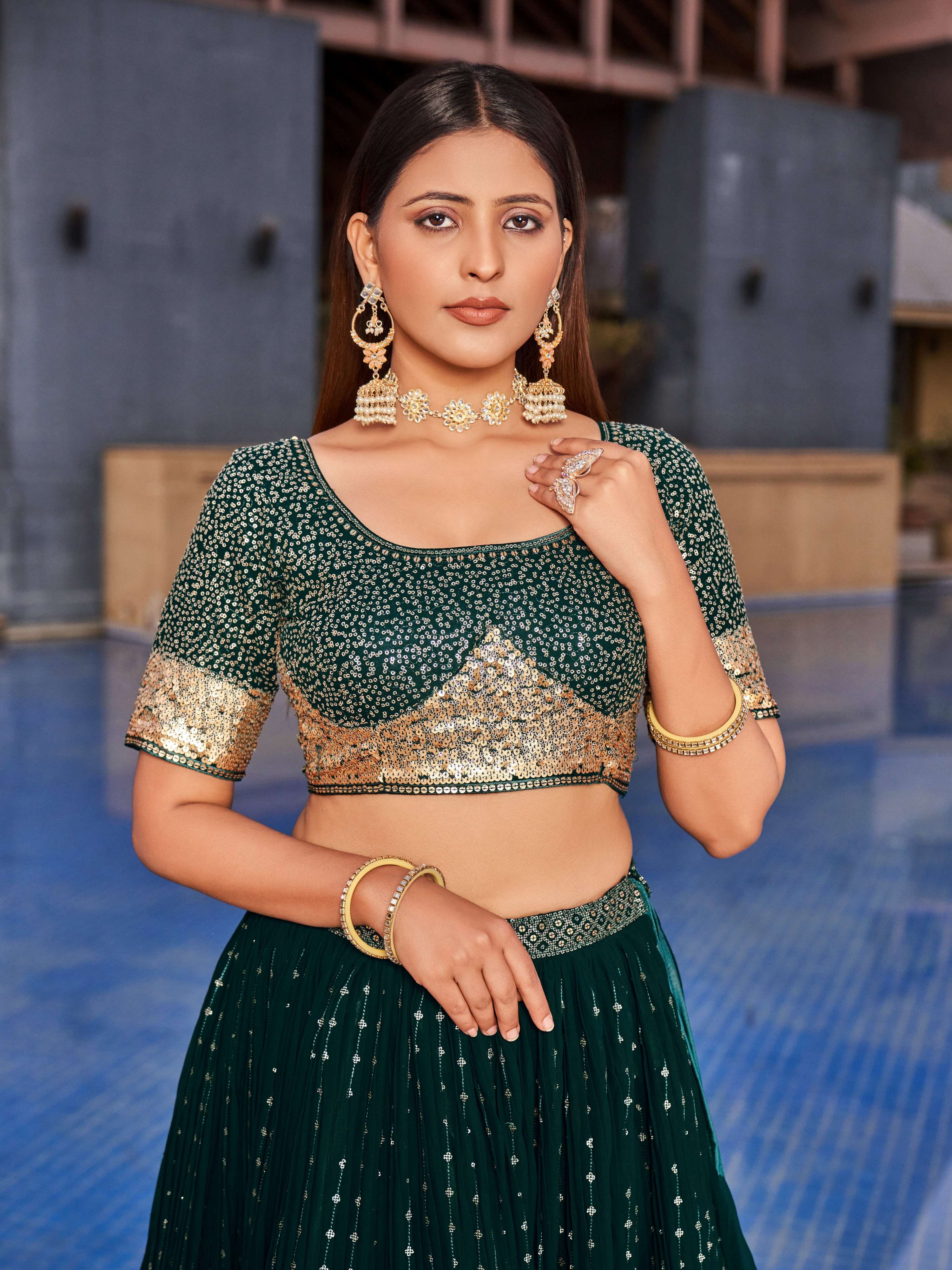Jyoti Fashion Women's Green Georgette Zari & Heavy Sequin Embroidery Lehenga Choli & Dupatta - Distacart