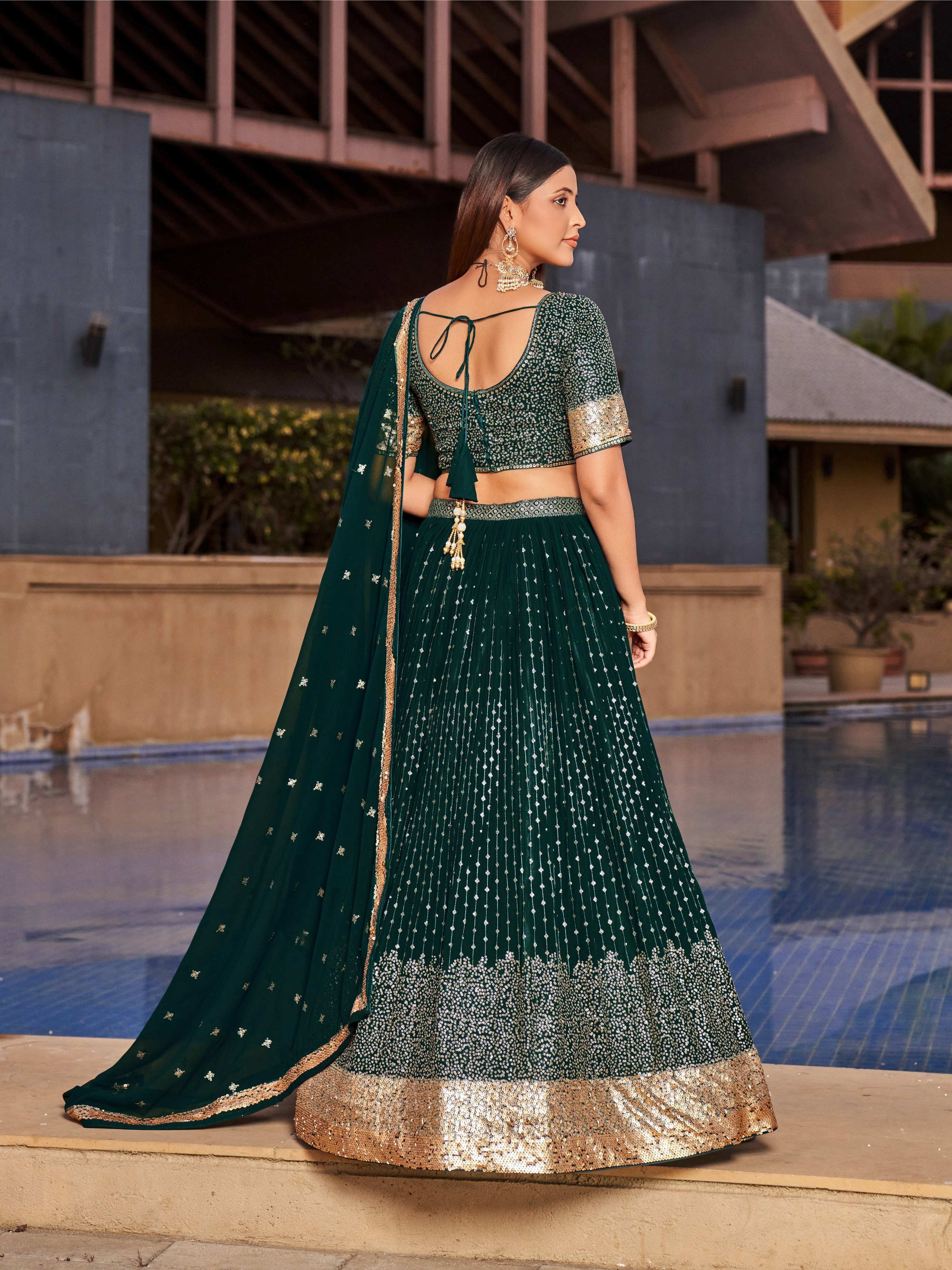 Jyoti Fashion Women's Green Georgette Zari & Heavy Sequin Embroidery Lehenga Choli & Dupatta - Distacart