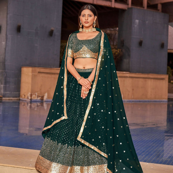 Jyoti Fashion Women's Green Georgette Zari & Heavy Sequin Embroidery Lehenga Choli & Dupatta - Distacart