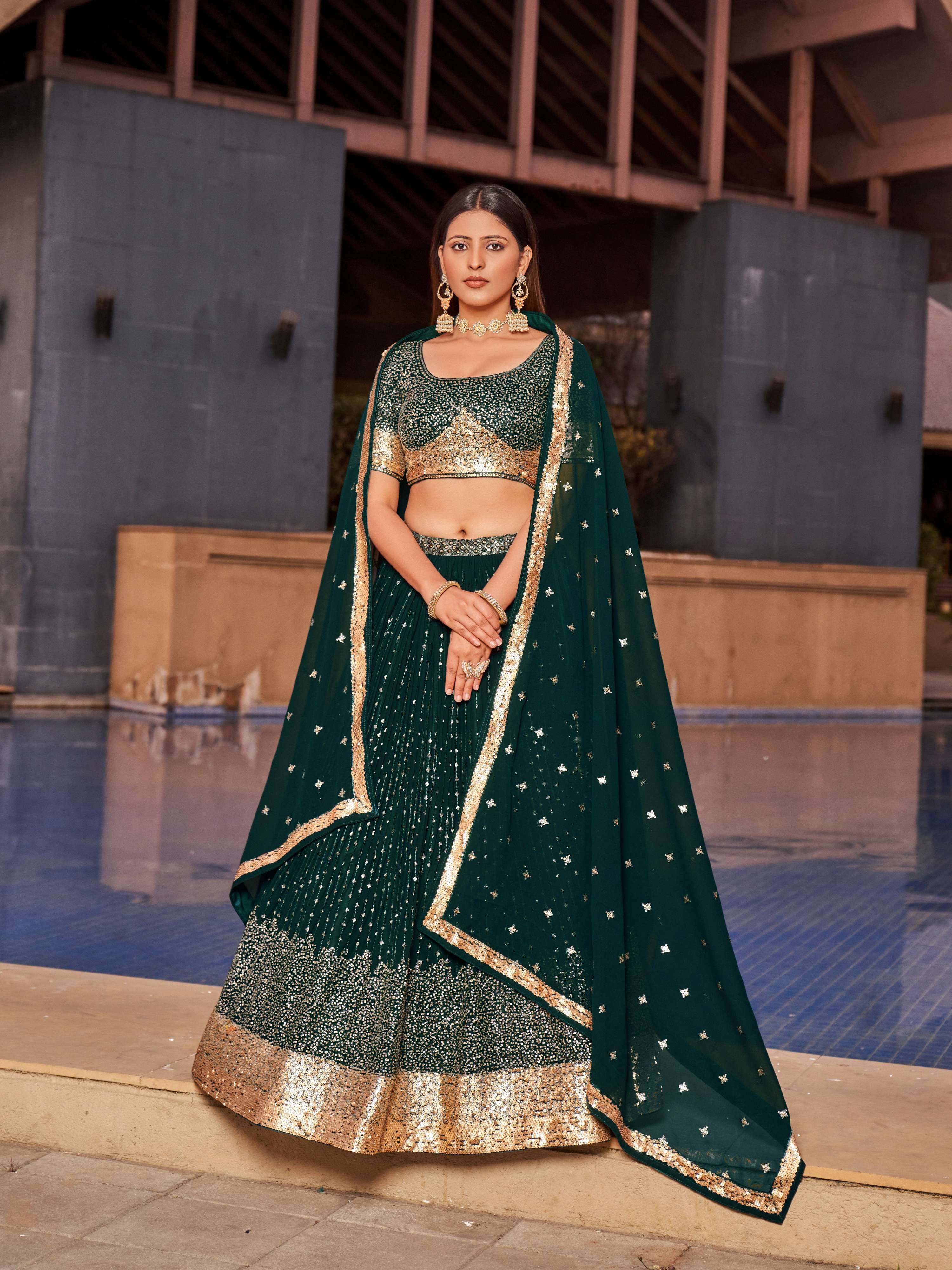 Jyoti Fashion Women's Green Georgette Zari & Heavy Sequin Embroidery Lehenga Choli & Dupatta - Distacart