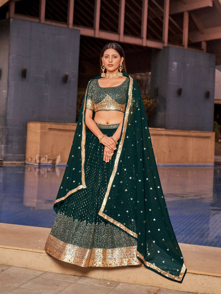 Jyoti Fashion Women's Green Georgette Zari & Heavy Sequin Embroidery Lehenga Choli & Dupatta - Distacart