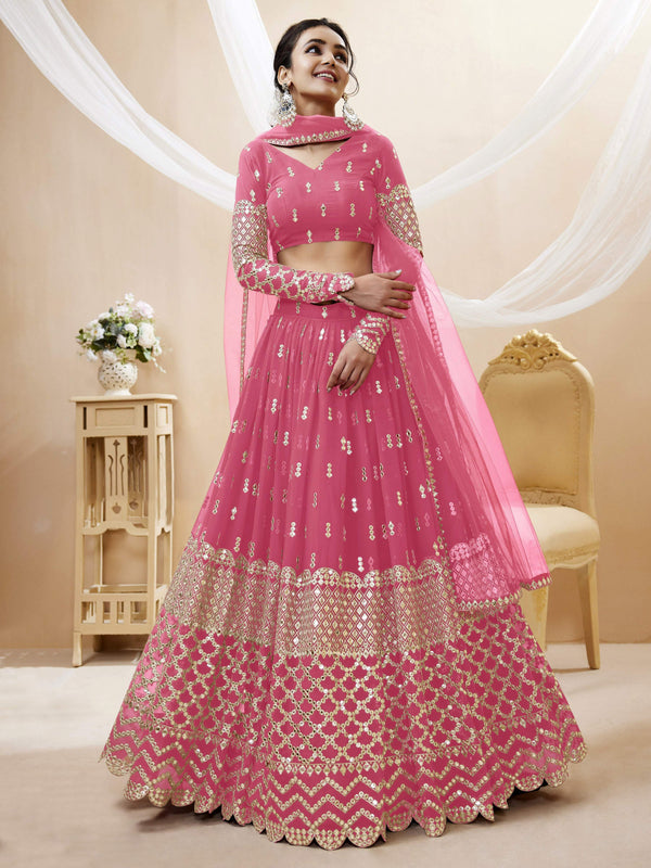 Jyoti Fashion Women's Pink Georgette Sequins Zari Embroidered Lehenga Choli & Dupatta - Distacart