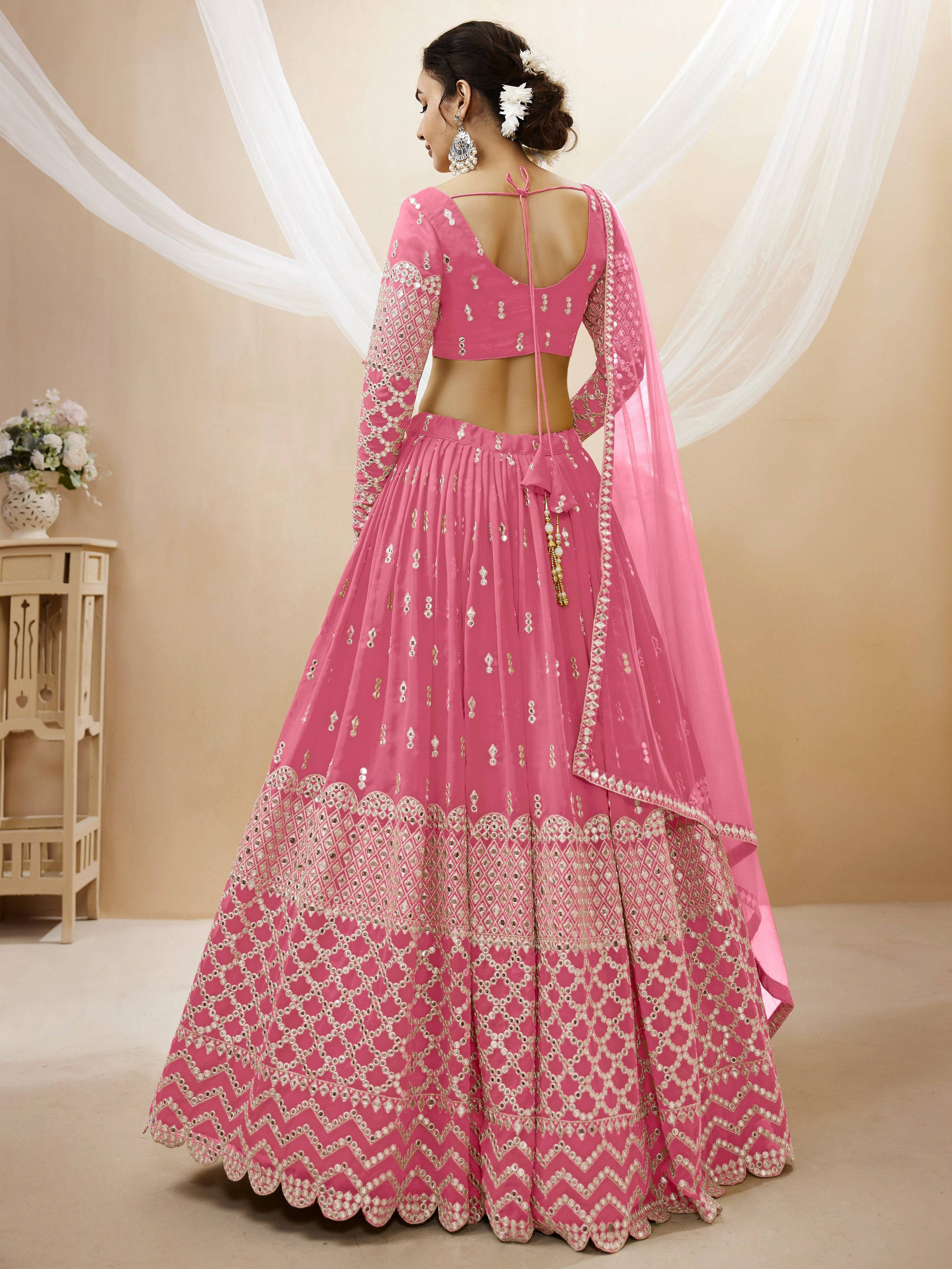 Jyoti Fashion Women's Pink Georgette Sequins Zari Embroidered Lehenga Choli & Dupatta - Distacart