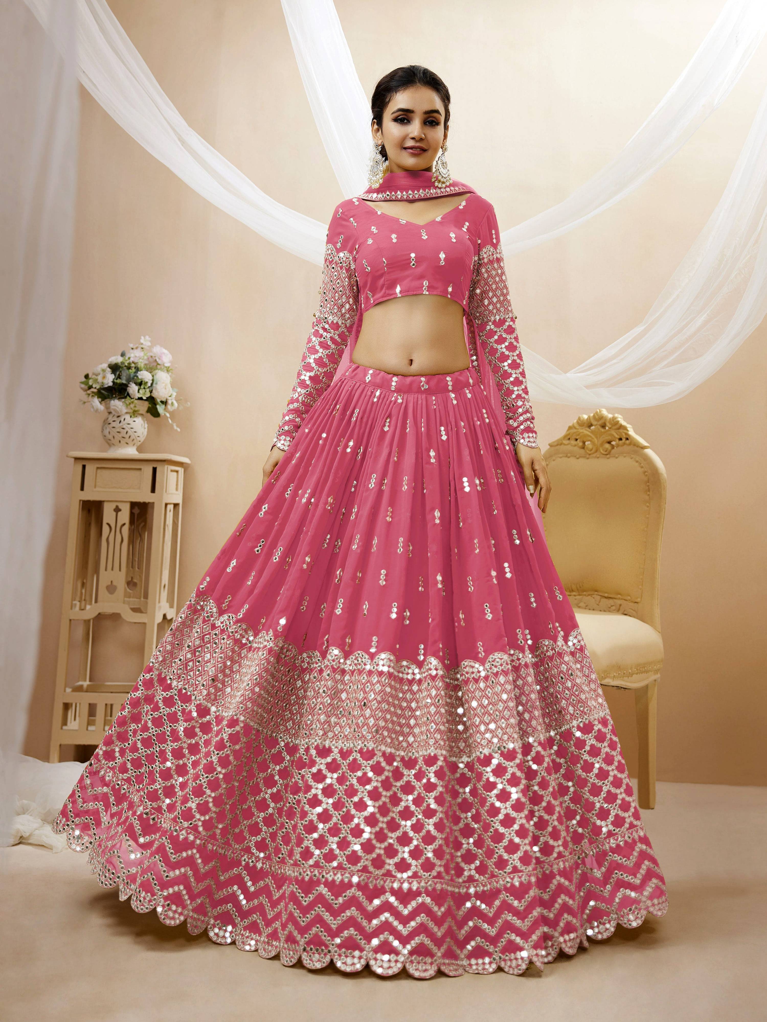 Jyoti Fashion Women's Pink Georgette Sequins Zari Embroidered Lehenga Choli & Dupatta - Distacart