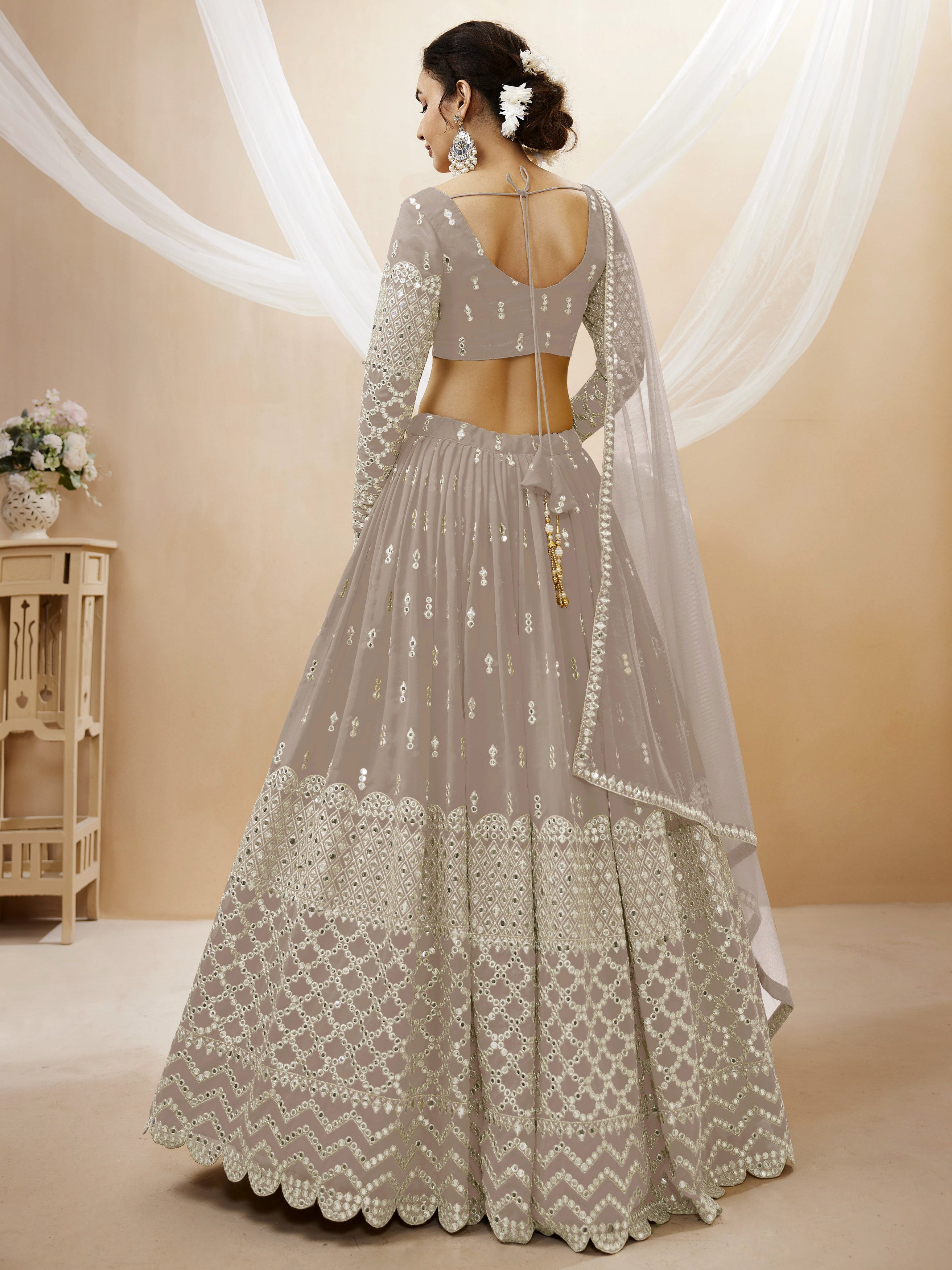 Jyoti Fashion Women's Grey Georgette Sequins Zari Embroidered Lehenga Choli & Dupatta - Distacart