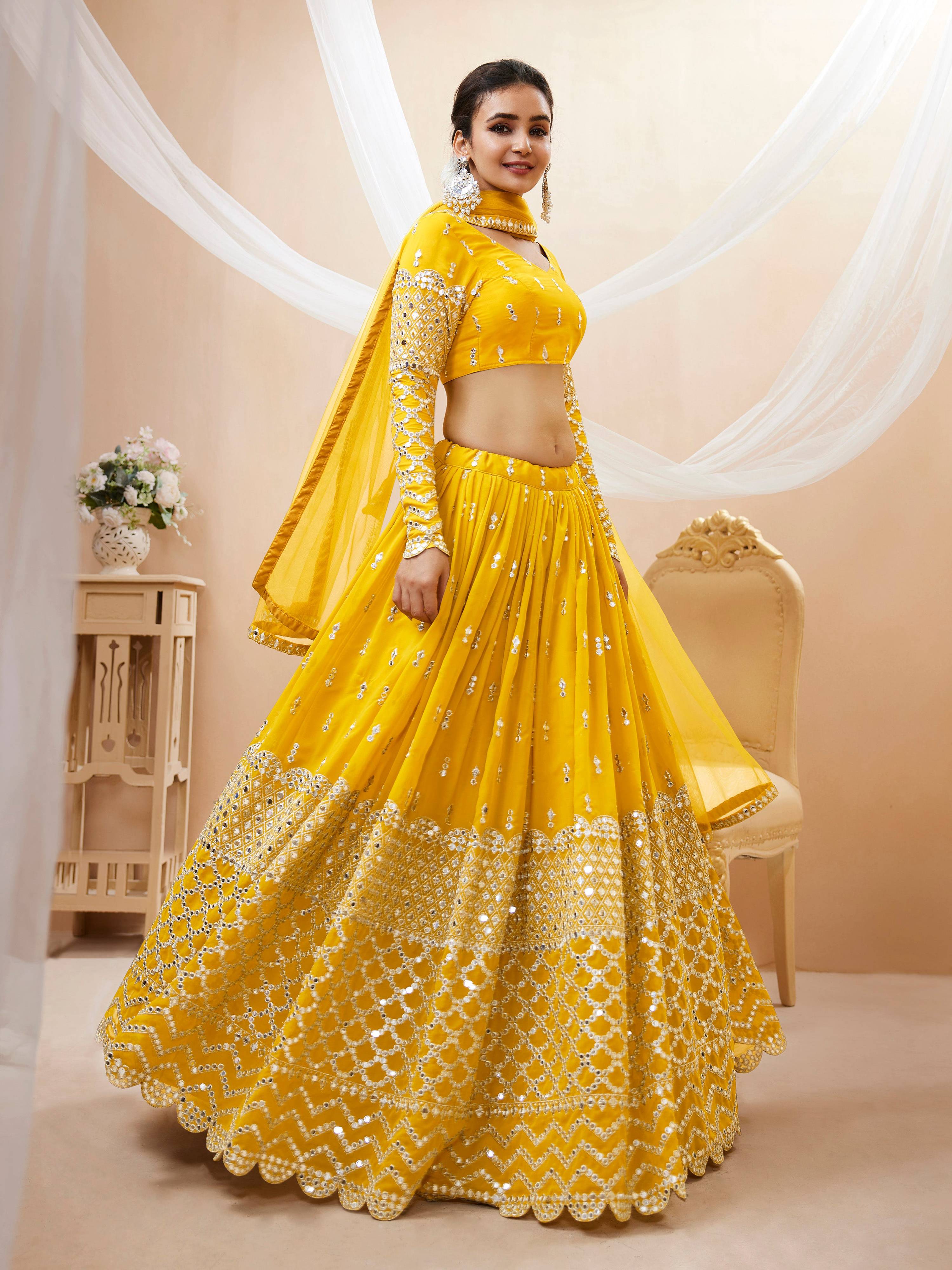 Jyoti Fashion Women's Yellow Georgette Sequins Zari Embroidered Lehenga Choli & Dupatta - Distacart