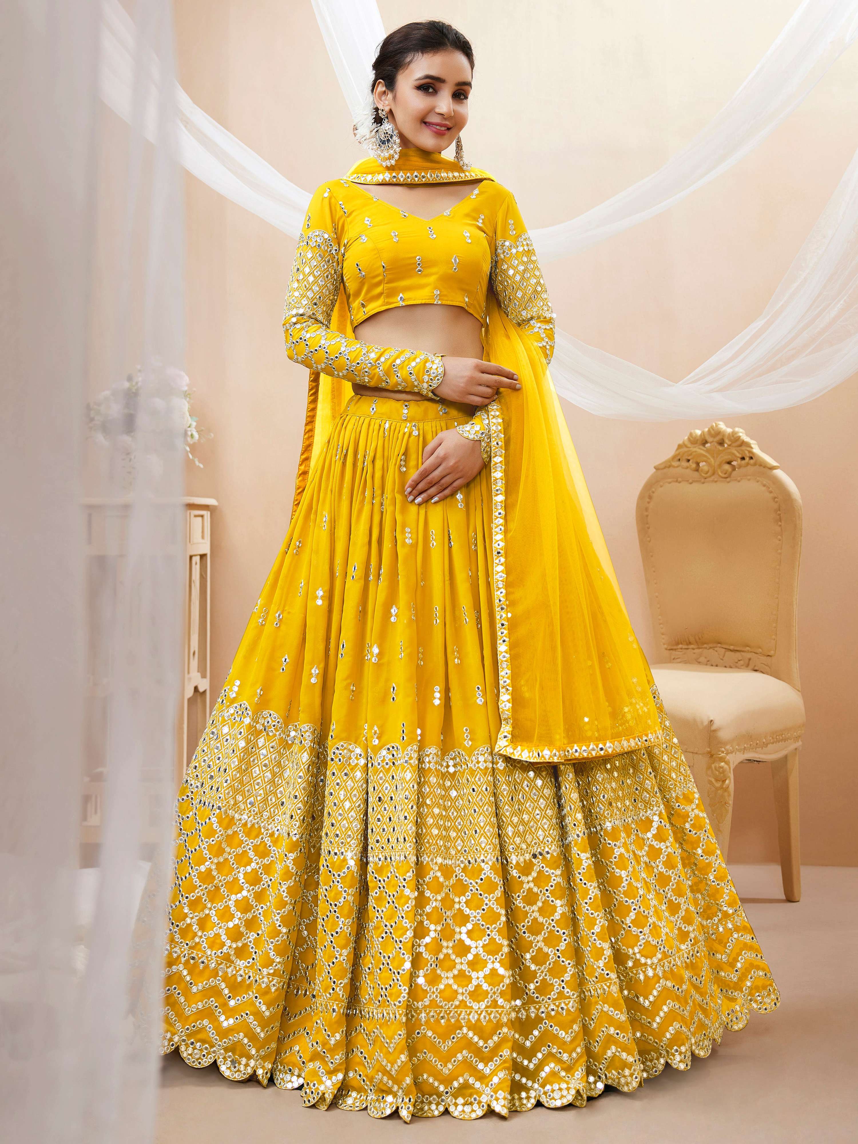Jyoti Fashion Women's Yellow Georgette Sequins Zari Embroidered Lehenga Choli & Dupatta - Distacart
