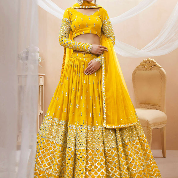 Jyoti Fashion Women's Yellow Georgette Sequins Zari Embroidered Lehenga Choli & Dupatta - Distacart