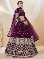 Thumbnail for Jyoti Fashion Women's Wine Georgette Sequins Zari Embroidered Lehenga Choli & Dupatta - Distacart