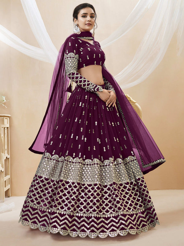 Jyoti Fashion Women's Wine Georgette Sequins Zari Embroidered Lehenga Choli & Dupatta - Distacart