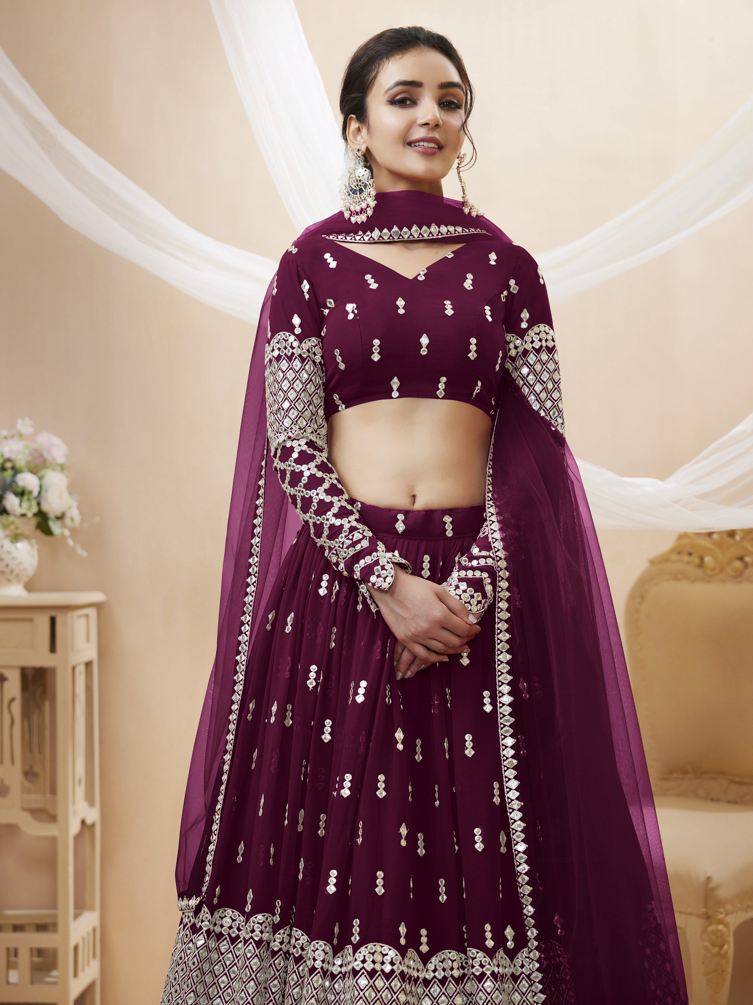 Jyoti Fashion Women's Wine Georgette Sequins Zari Embroidered Lehenga Choli & Dupatta - Distacart