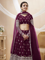 Thumbnail for Jyoti Fashion Women's Wine Georgette Sequins Zari Embroidered Lehenga Choli & Dupatta - Distacart