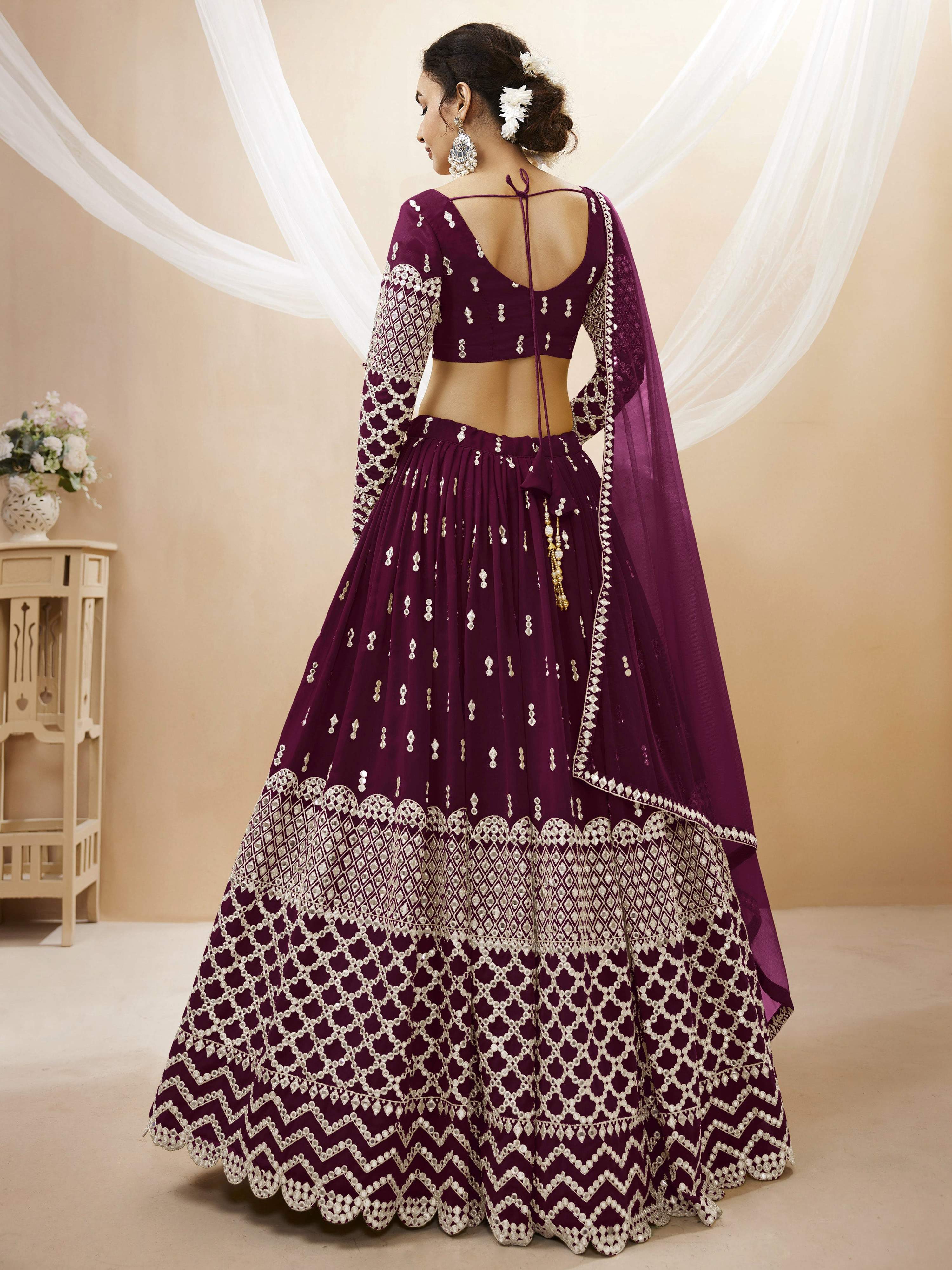 Jyoti Fashion Women's Wine Georgette Sequins Zari Embroidered Lehenga Choli & Dupatta - Distacart