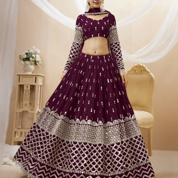 Jyoti Fashion Women's Wine Georgette Sequins Zari Embroidered Lehenga Choli & Dupatta - Distacart