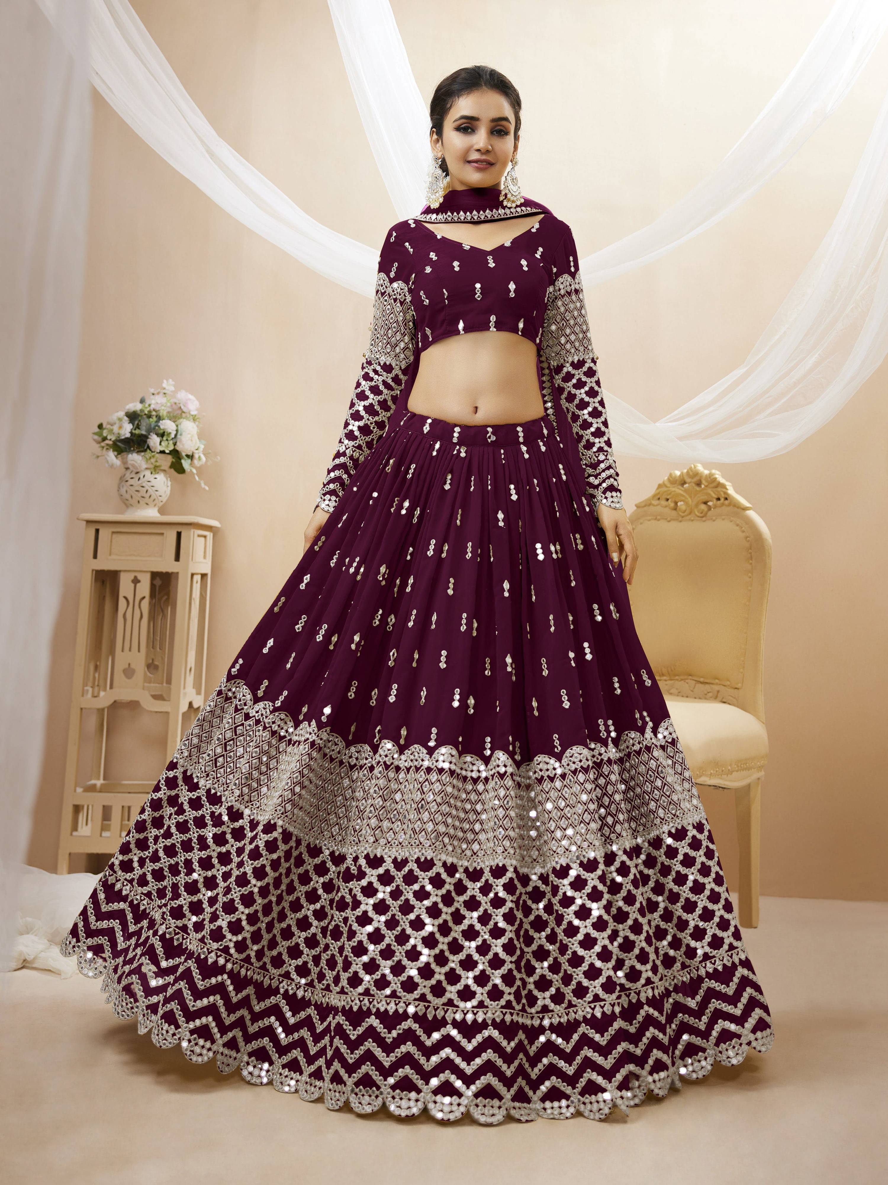 Jyoti Fashion Women's Wine Georgette Sequins Zari Embroidered Lehenga Choli & Dupatta - Distacart