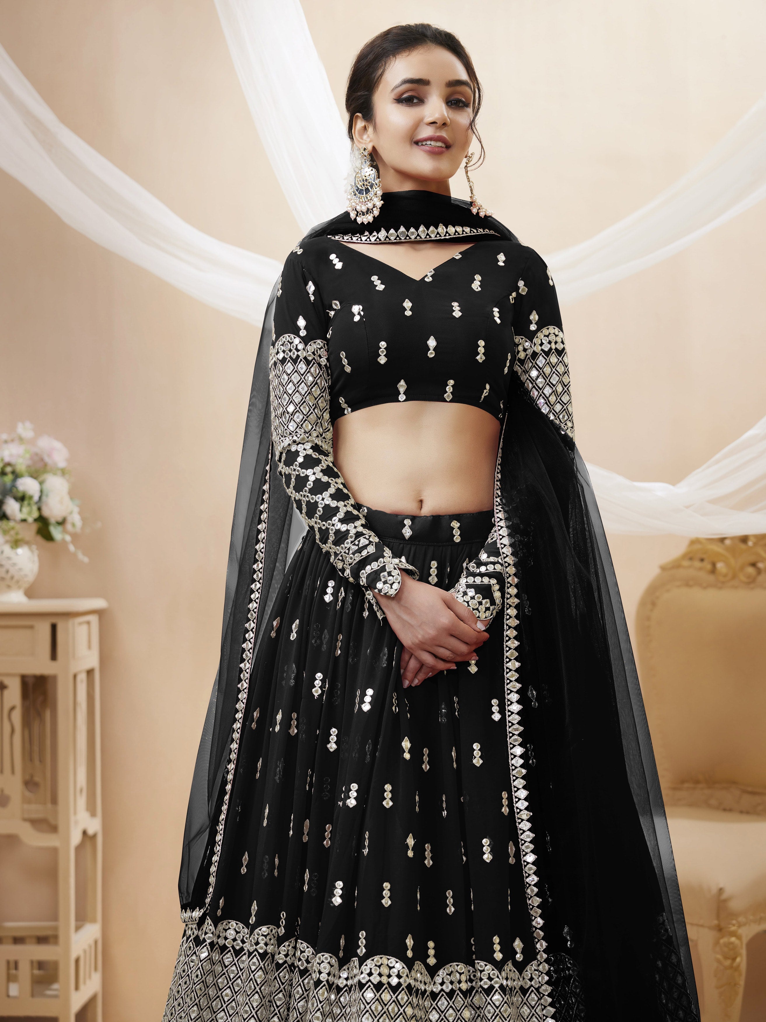 Jyoti Fashion Women's Black Georgette Sequins Zari Embroidered Lehenga Choli & Dupatta - Distacart