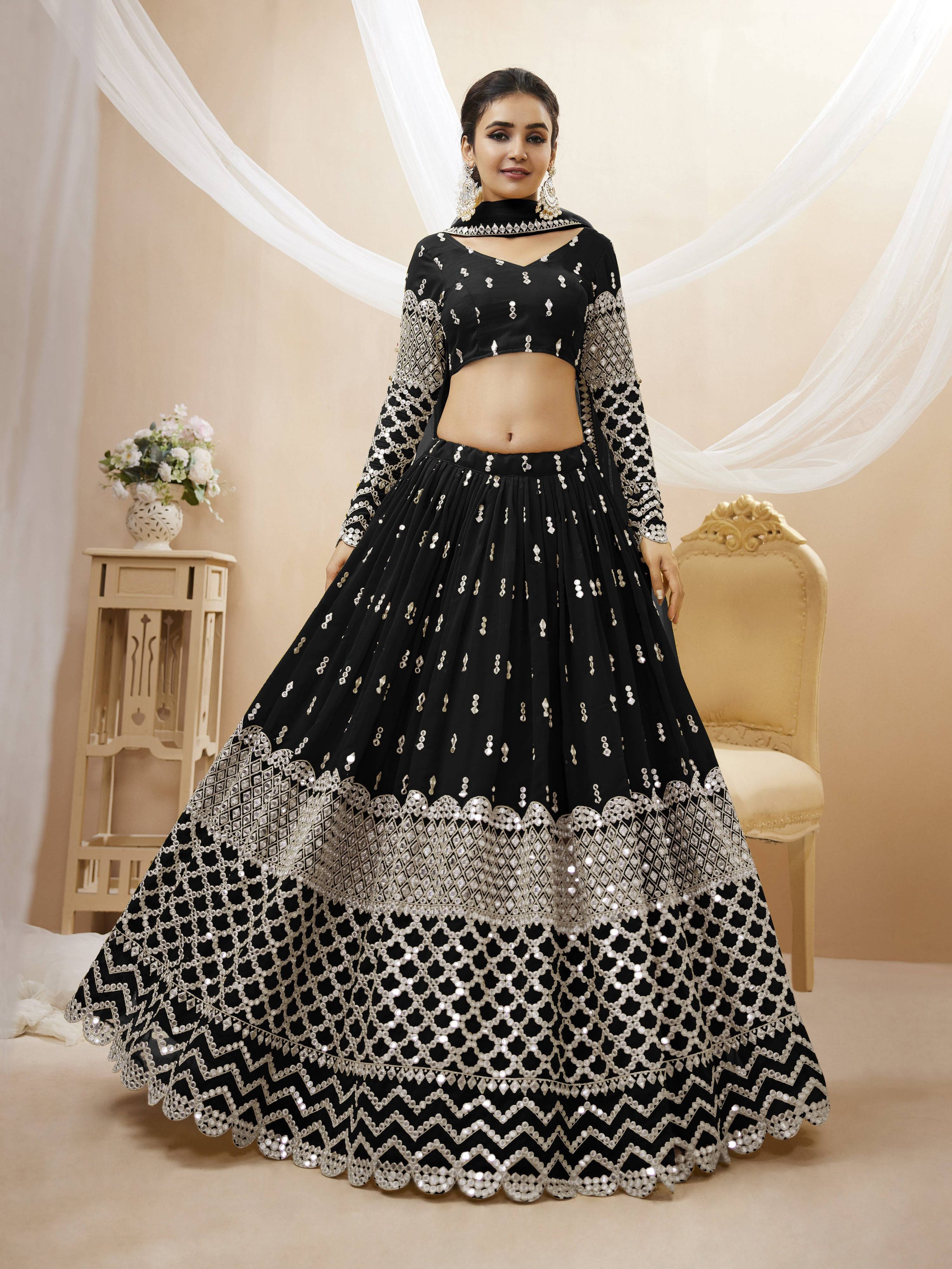 Jyoti Fashion Women's Black Georgette Sequins Zari Embroidered Lehenga Choli & Dupatta - Distacart