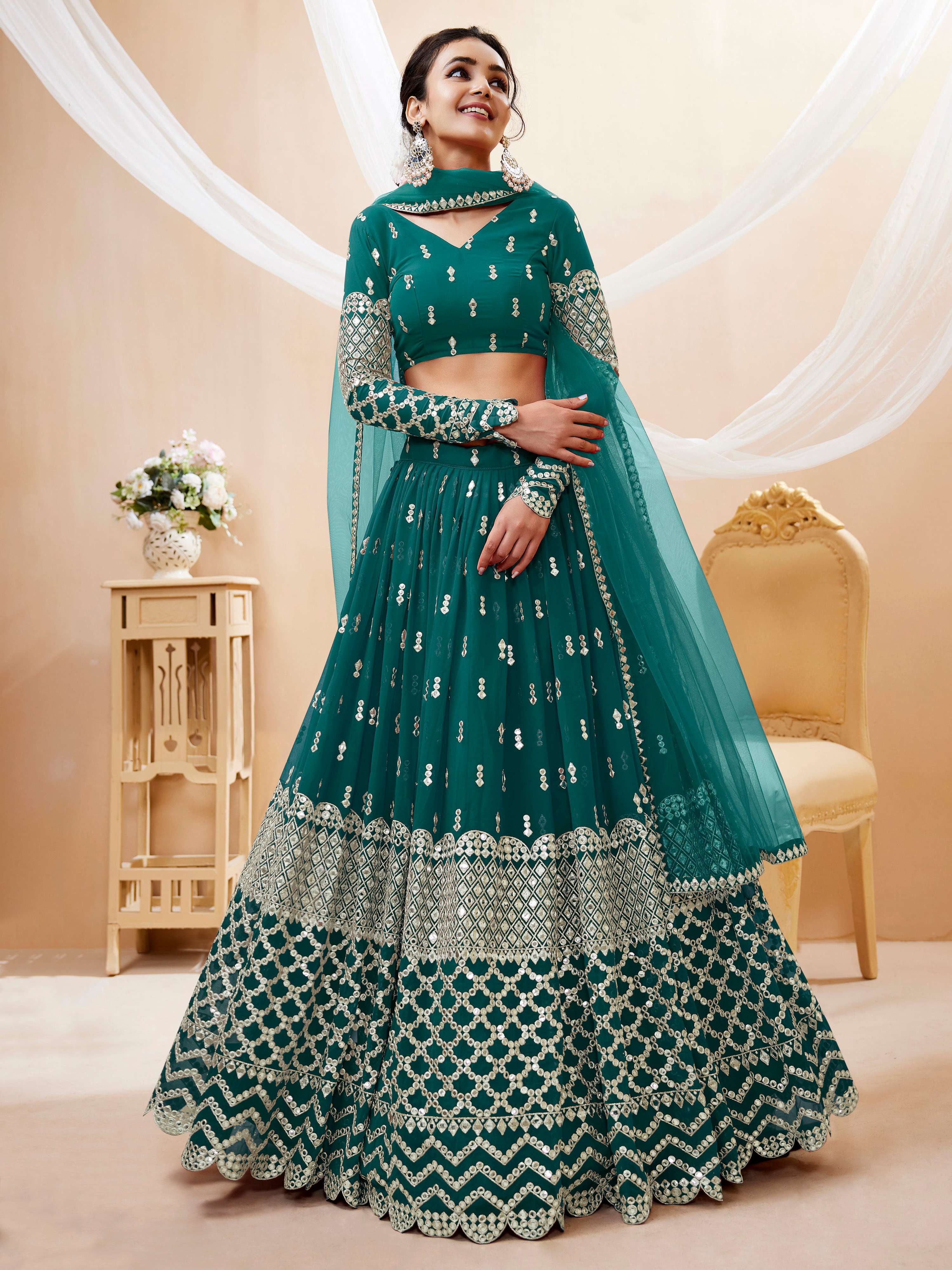 Jyoti Fashion Women's Teal Blue Georgette Sequins Zari Embroidered Lehenga Choli & Dupatta - Distacart