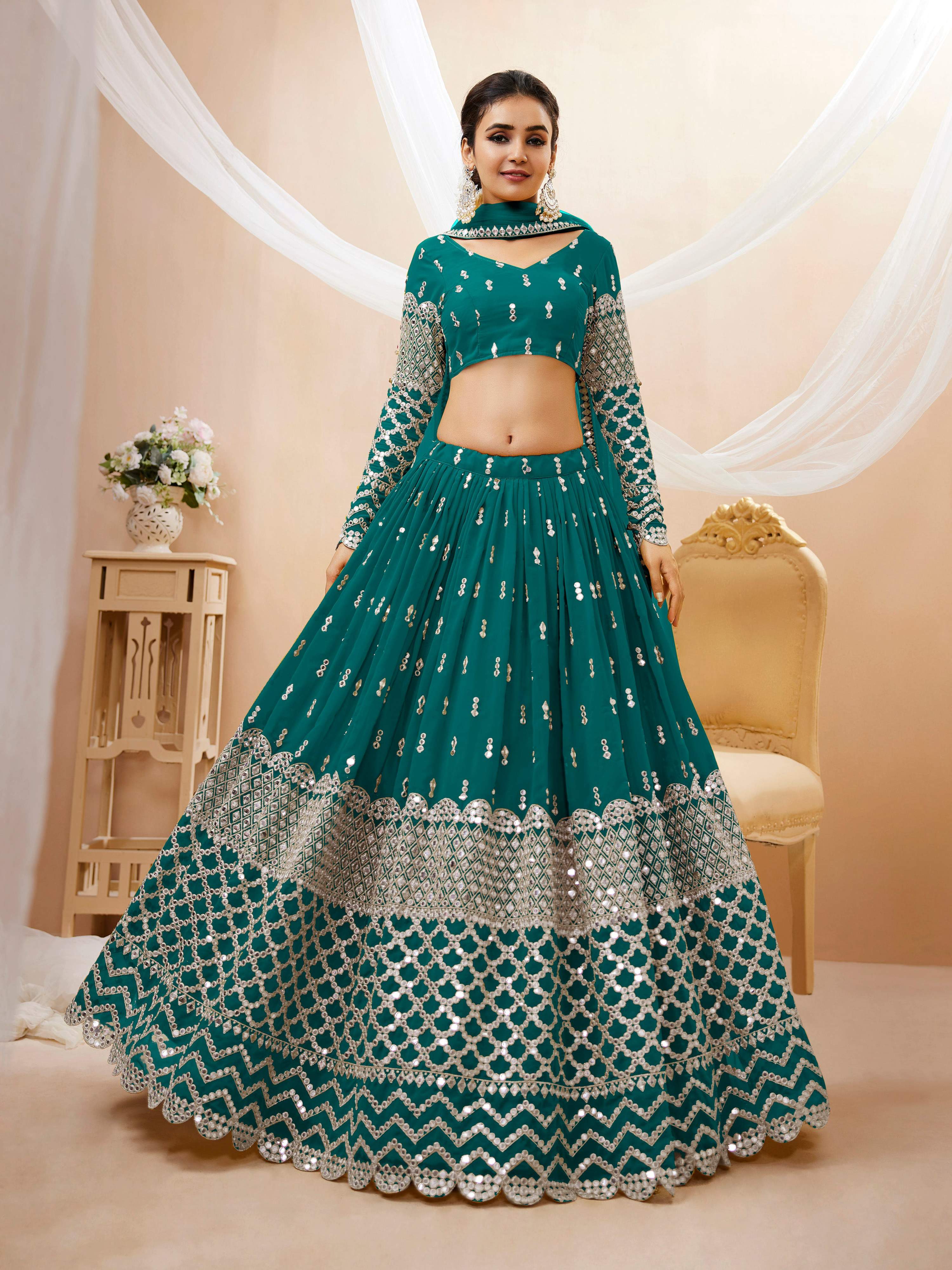 Jyoti Fashion Women's Teal Blue Georgette Sequins Zari Embroidered Lehenga Choli & Dupatta - Distacart
