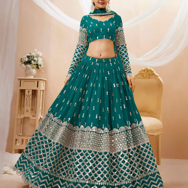 Jyoti Fashion Women's Teal Blue Georgette Sequins Zari Embroidered Lehenga Choli & Dupatta - Distacart