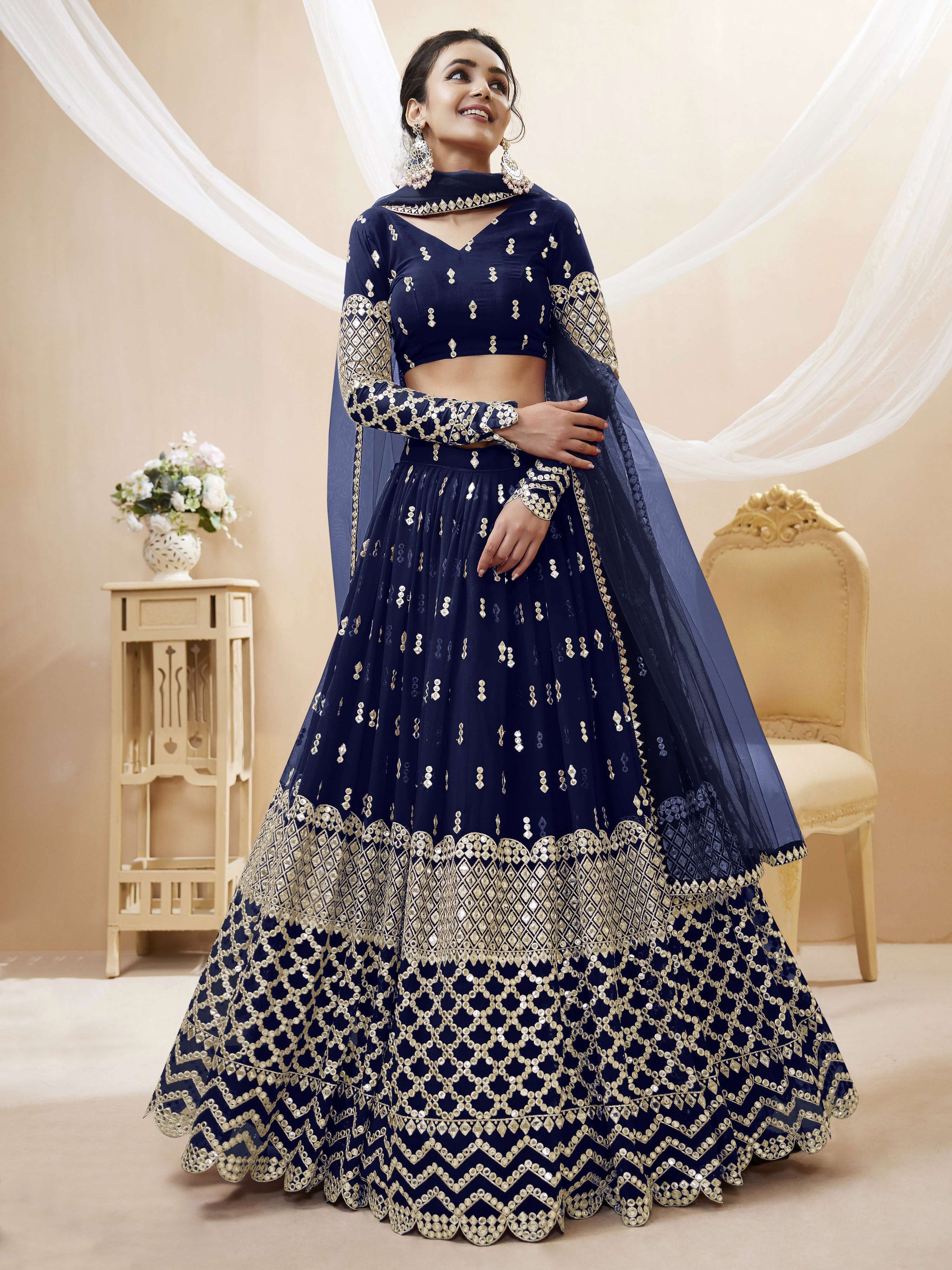 Jyoti Fashion Women's Navy Blue Georgette Sequins Zari Embroidered Lehenga Choli & Dupatta - Distacart