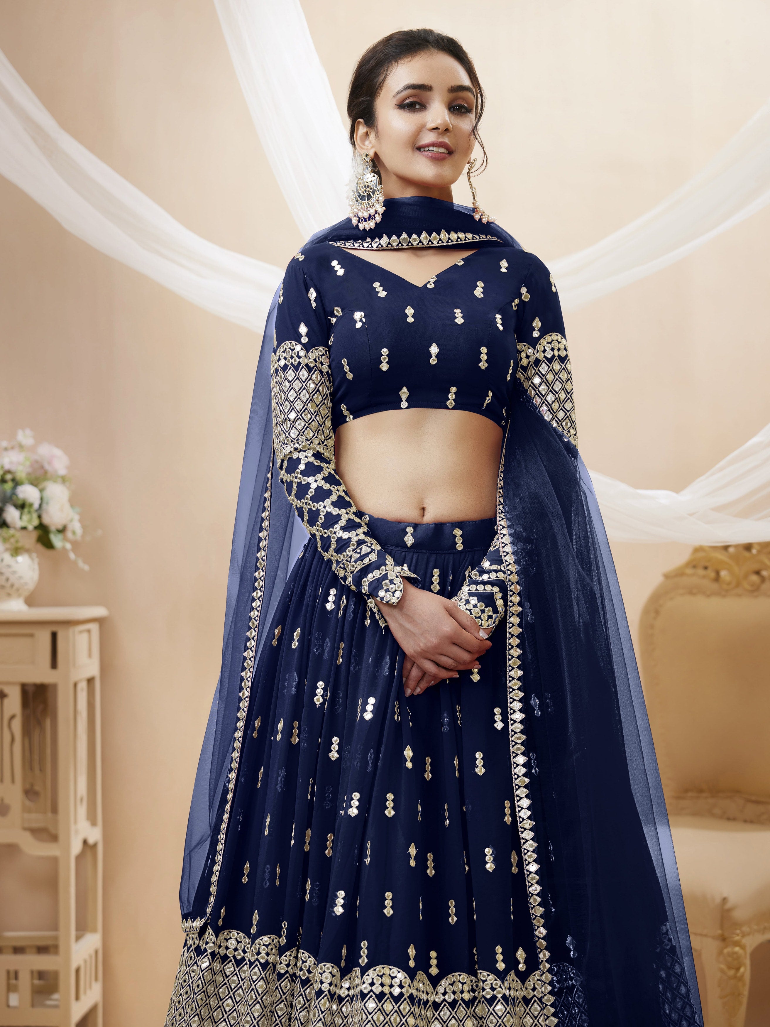 Jyoti Fashion Women's Navy Blue Georgette Sequins Zari Embroidered Lehenga Choli & Dupatta - Distacart