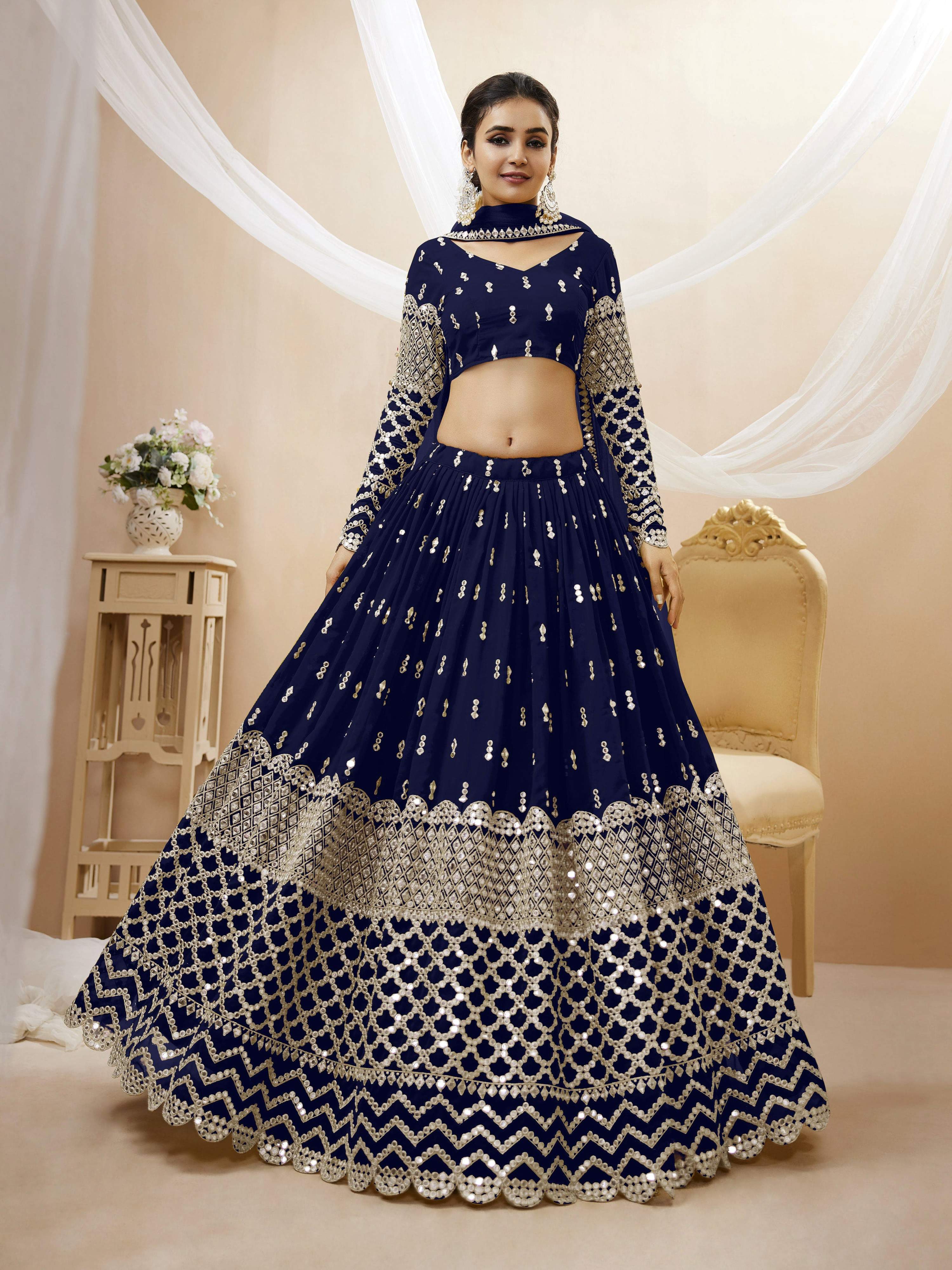 Jyoti Fashion Women's Navy Blue Georgette Sequins Zari Embroidered Lehenga Choli & Dupatta - Distacart