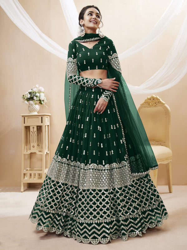 Jyoti Fashion Women's Green Georgette Sequins Zari Embroidered Lehenga Choli & Dupatta - Distacart
