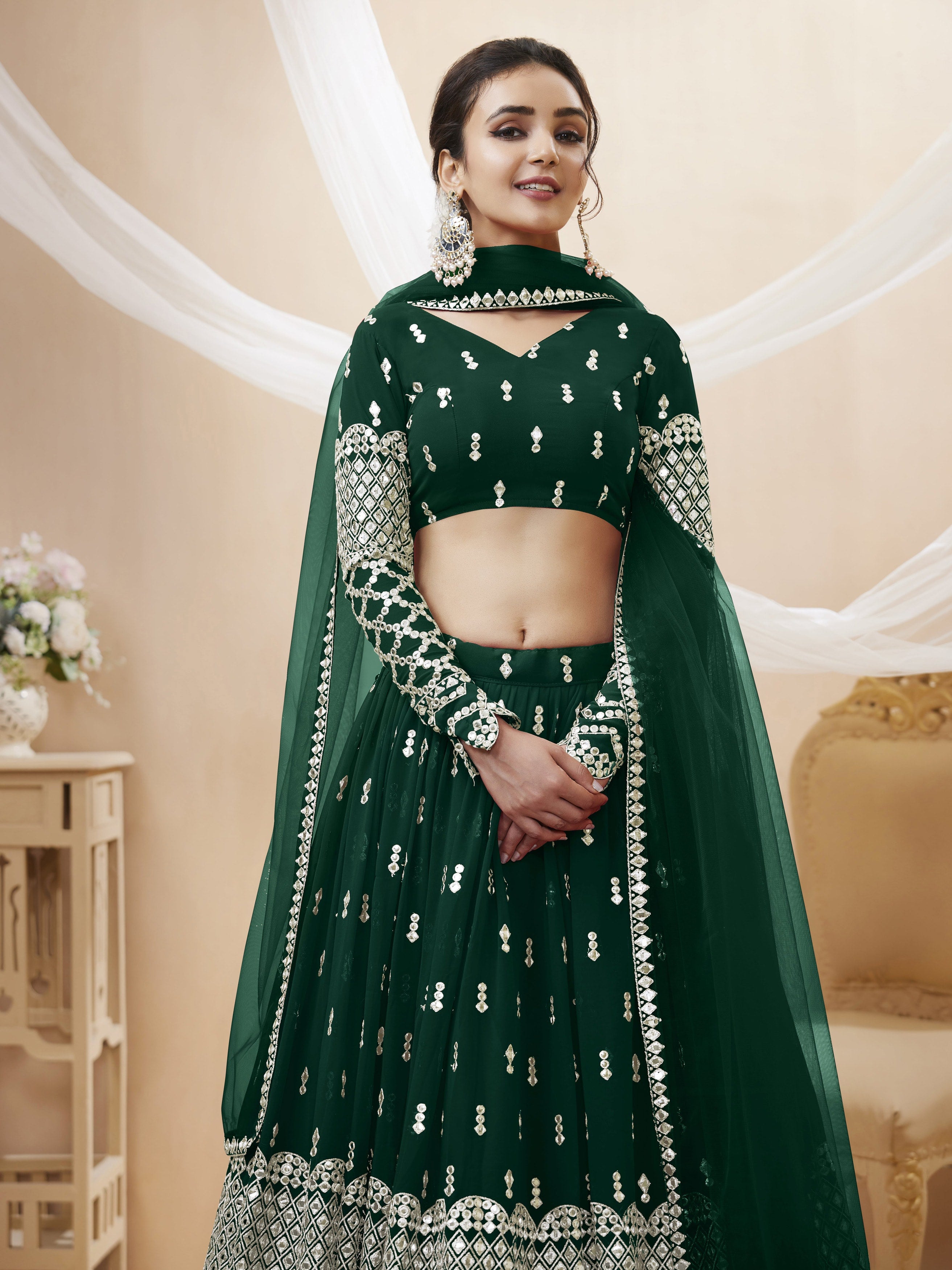 Jyoti Fashion Women's Green Georgette Sequins Zari Embroidered Lehenga Choli & Dupatta - Distacart