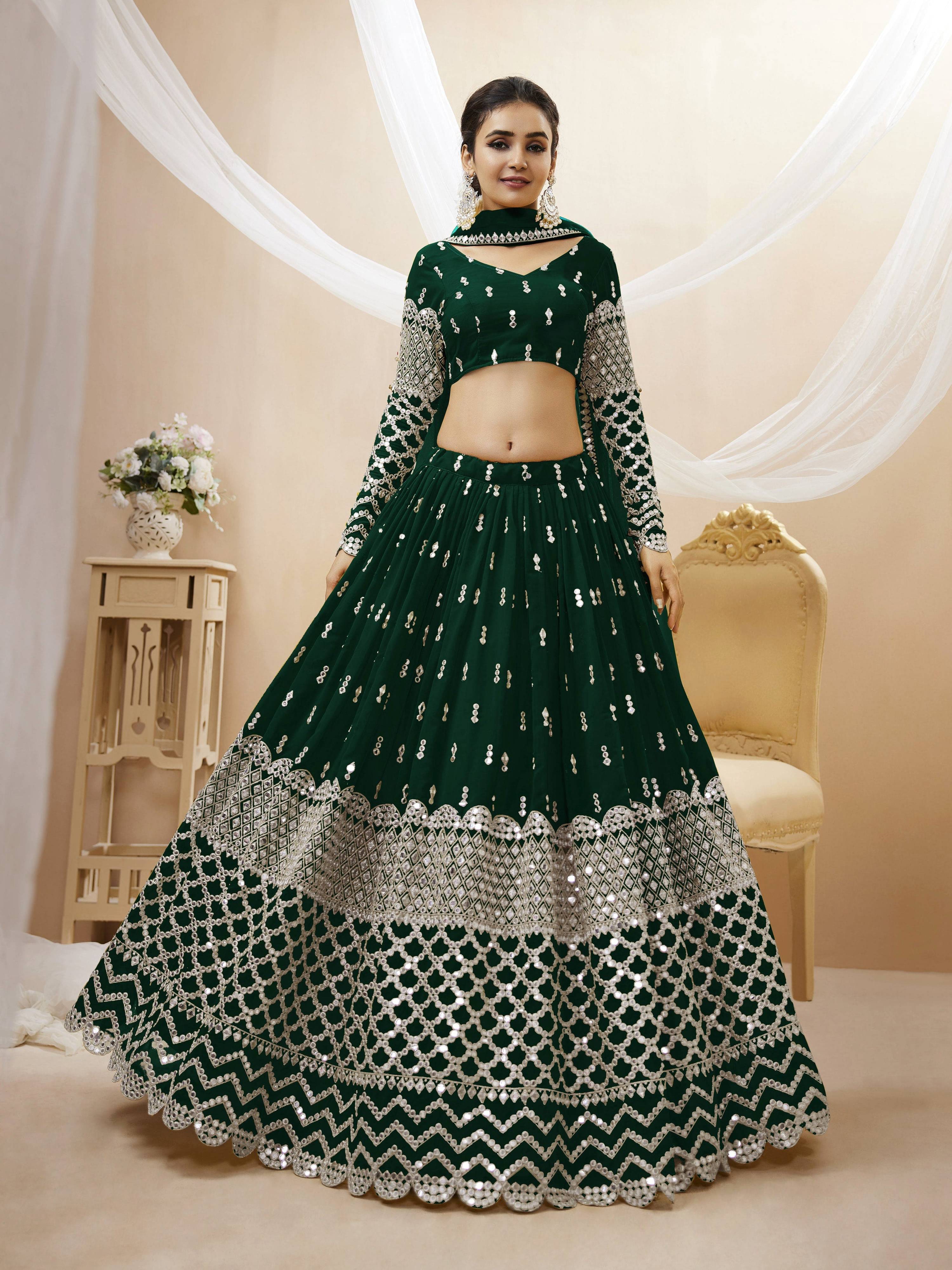 Jyoti Fashion Women's Green Georgette Sequins Zari Embroidered Lehenga Choli & Dupatta - Distacart