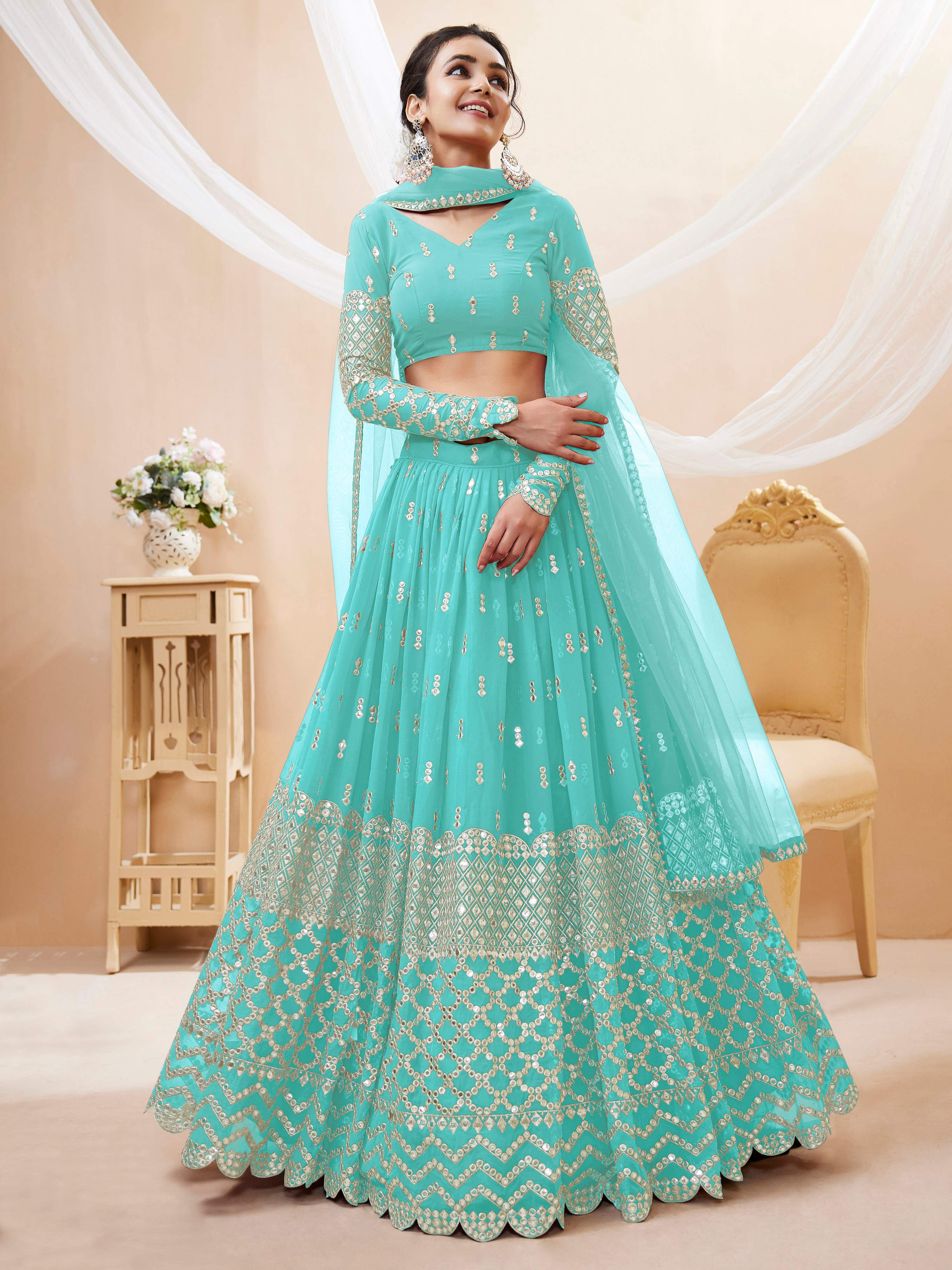 Jyoti Fashion Women's Sky Blue Georgette Sequins Zari Embroidered Lehenga Choli & Dupatta - Distacart