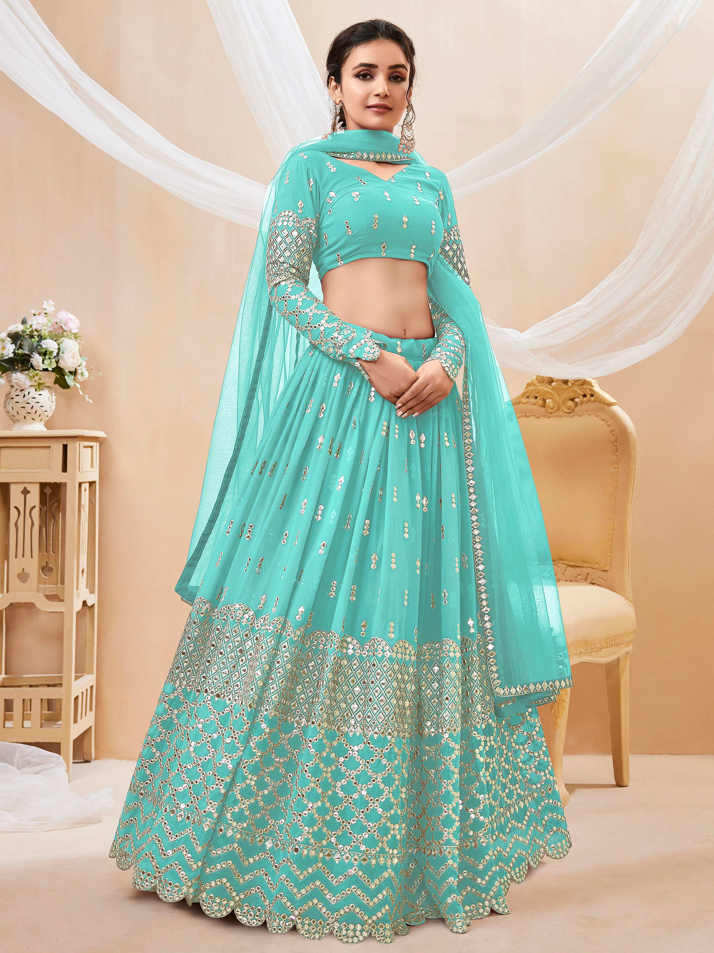 Jyoti Fashion Women's Sky Blue Georgette Sequins Zari Embroidered Lehenga Choli & Dupatta - Distacart