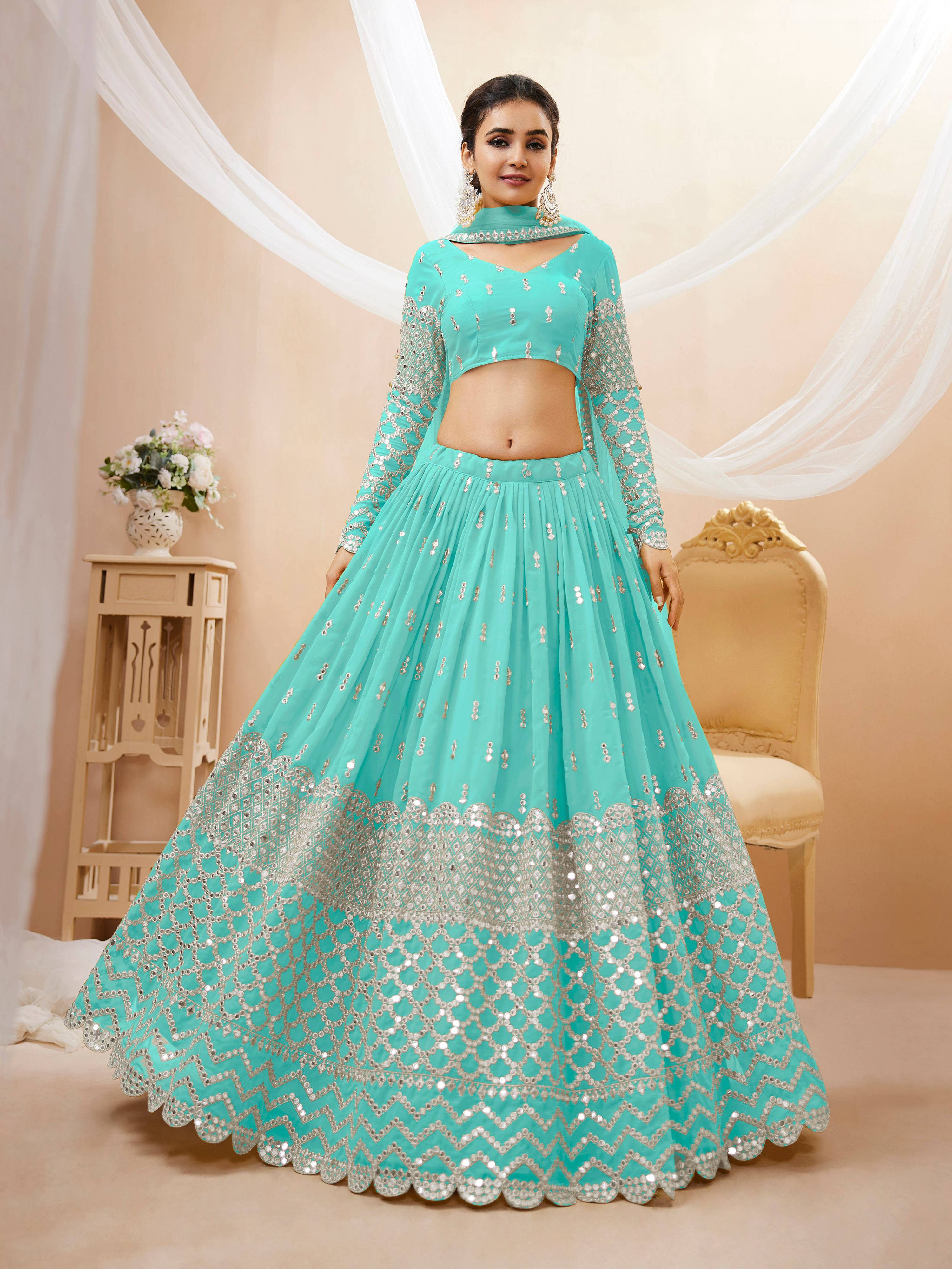 Jyoti Fashion Women's Sky Blue Georgette Sequins Zari Embroidered Lehenga Choli & Dupatta - Distacart