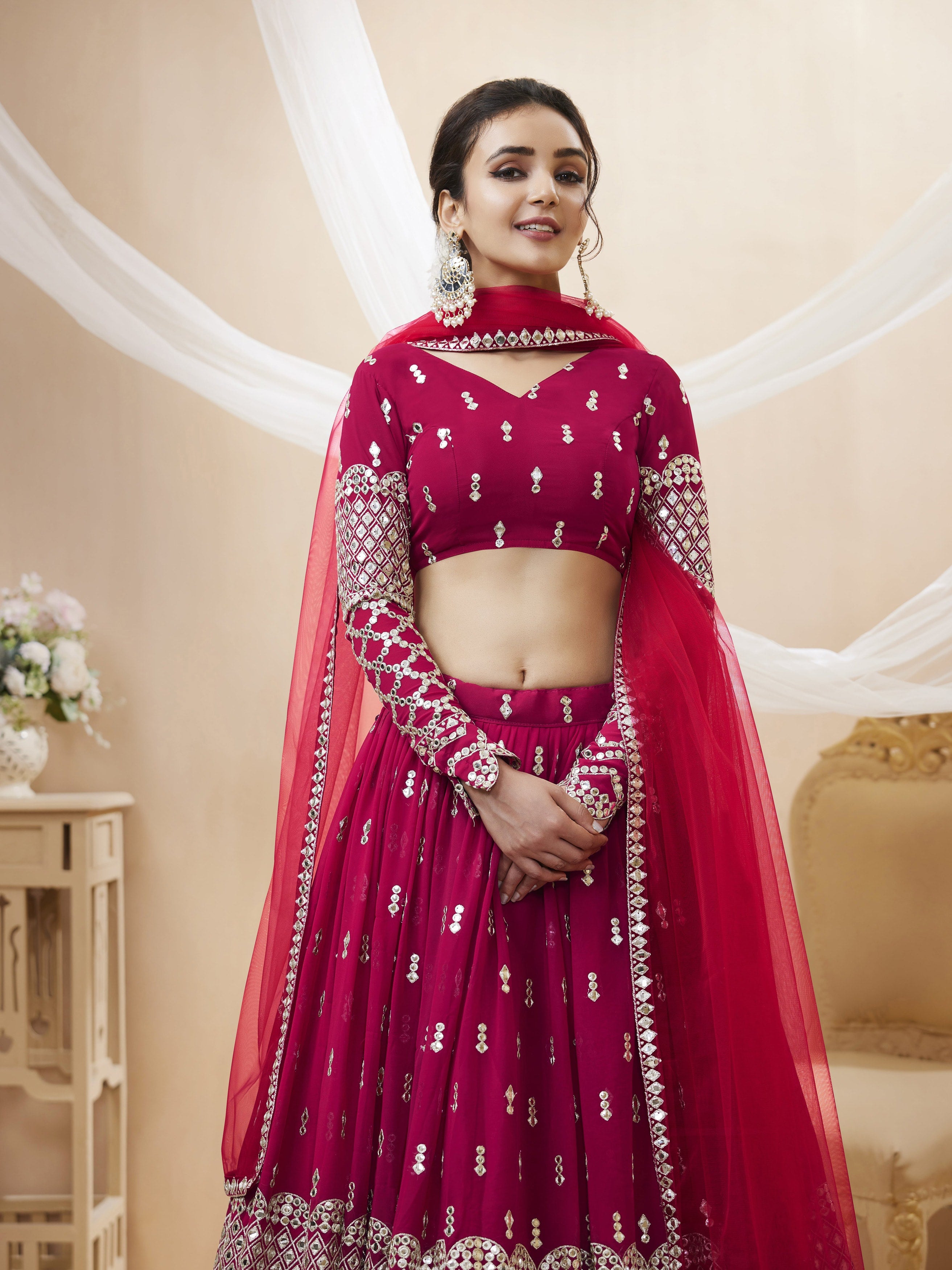 Jyoti Fashion Women's Hot Pink Georgette Sequins Zari Embroidered Lehenga Choli & Dupatta - Distacart