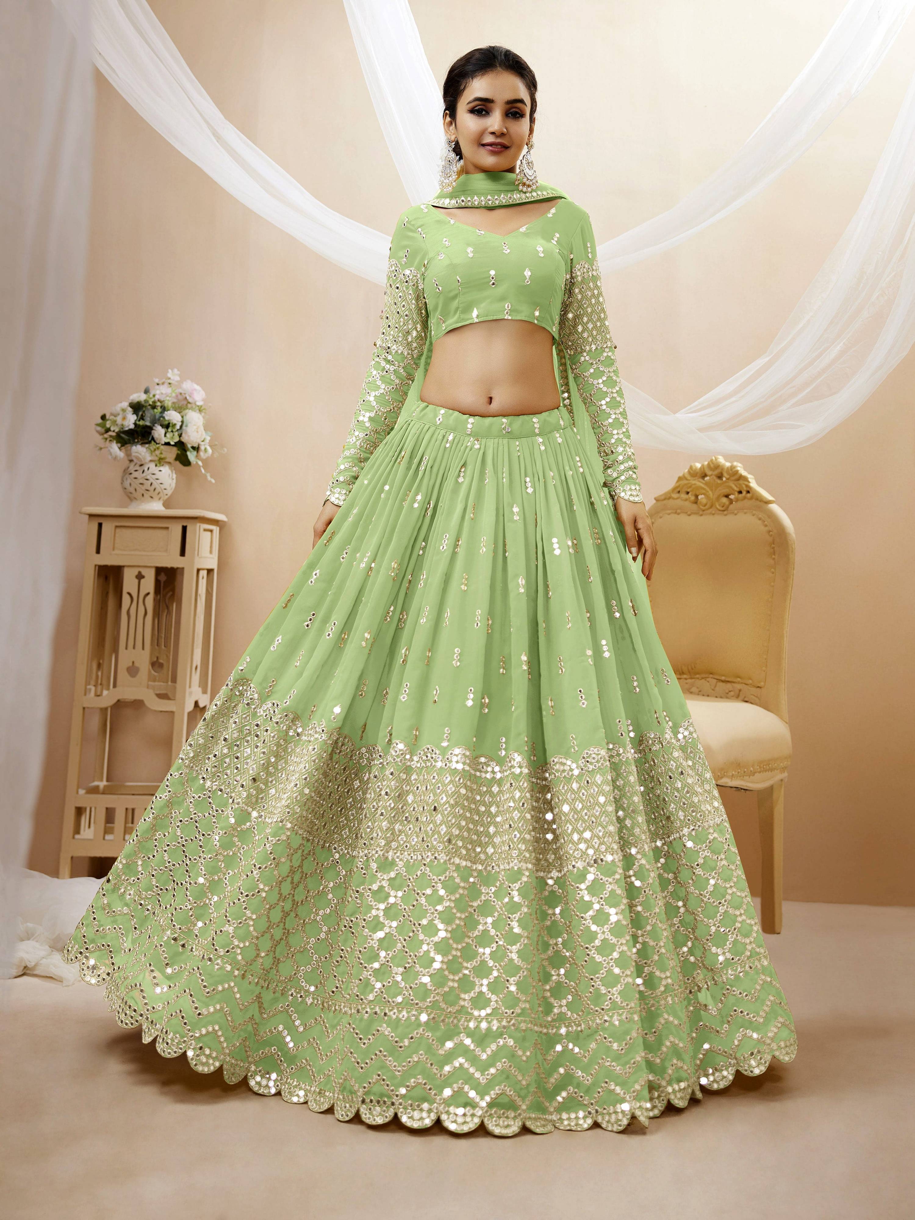 Jyoti Fashion Women's Pista Georgette Sequins Zari Embroidered Lehenga Choli & Dupatta - Distacart