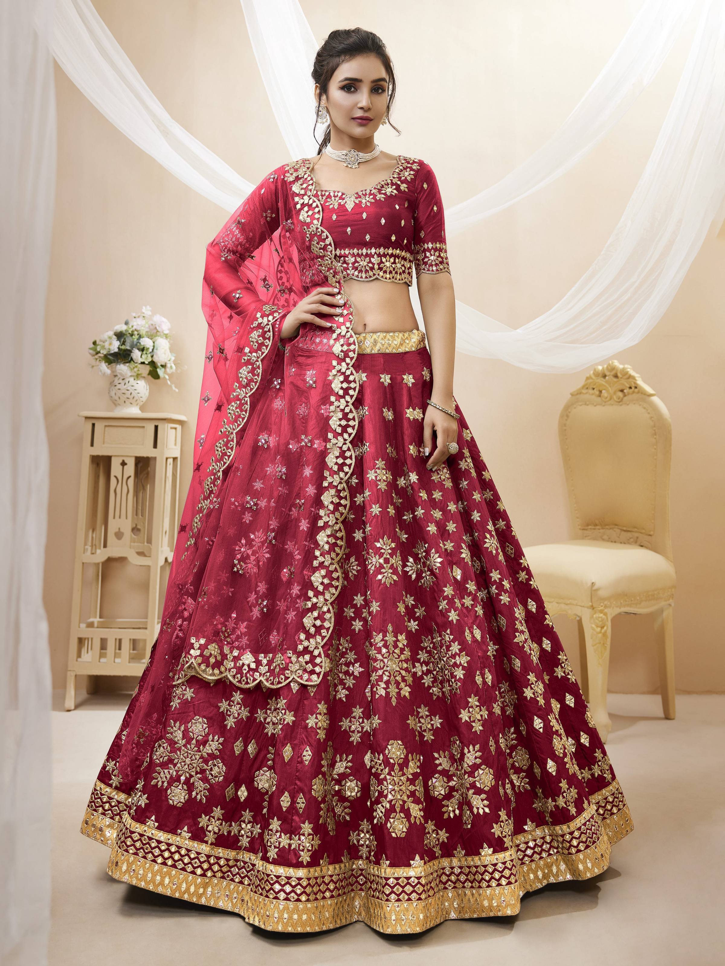 Jyoti Fashion Women's Red Art Silk Sequins with Foil & Zari Embroidered Lehenga Choli & Dupatta - Distacart