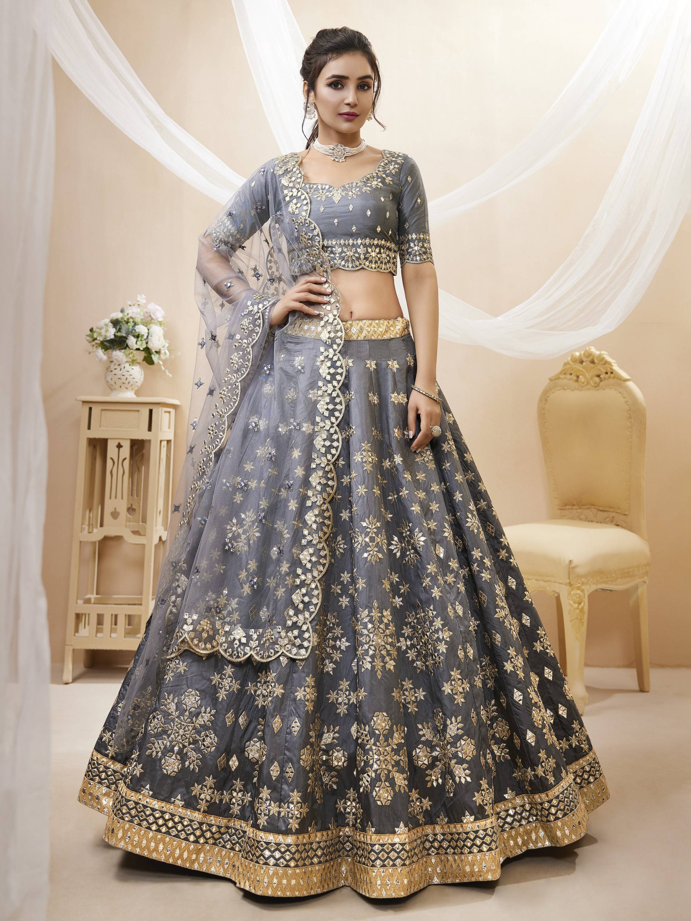 Jyoti Fashion Women's Grey Art Silk Sequins with Foil & Zari Embroidered Lehenga Choli & Dupatta - Distacart