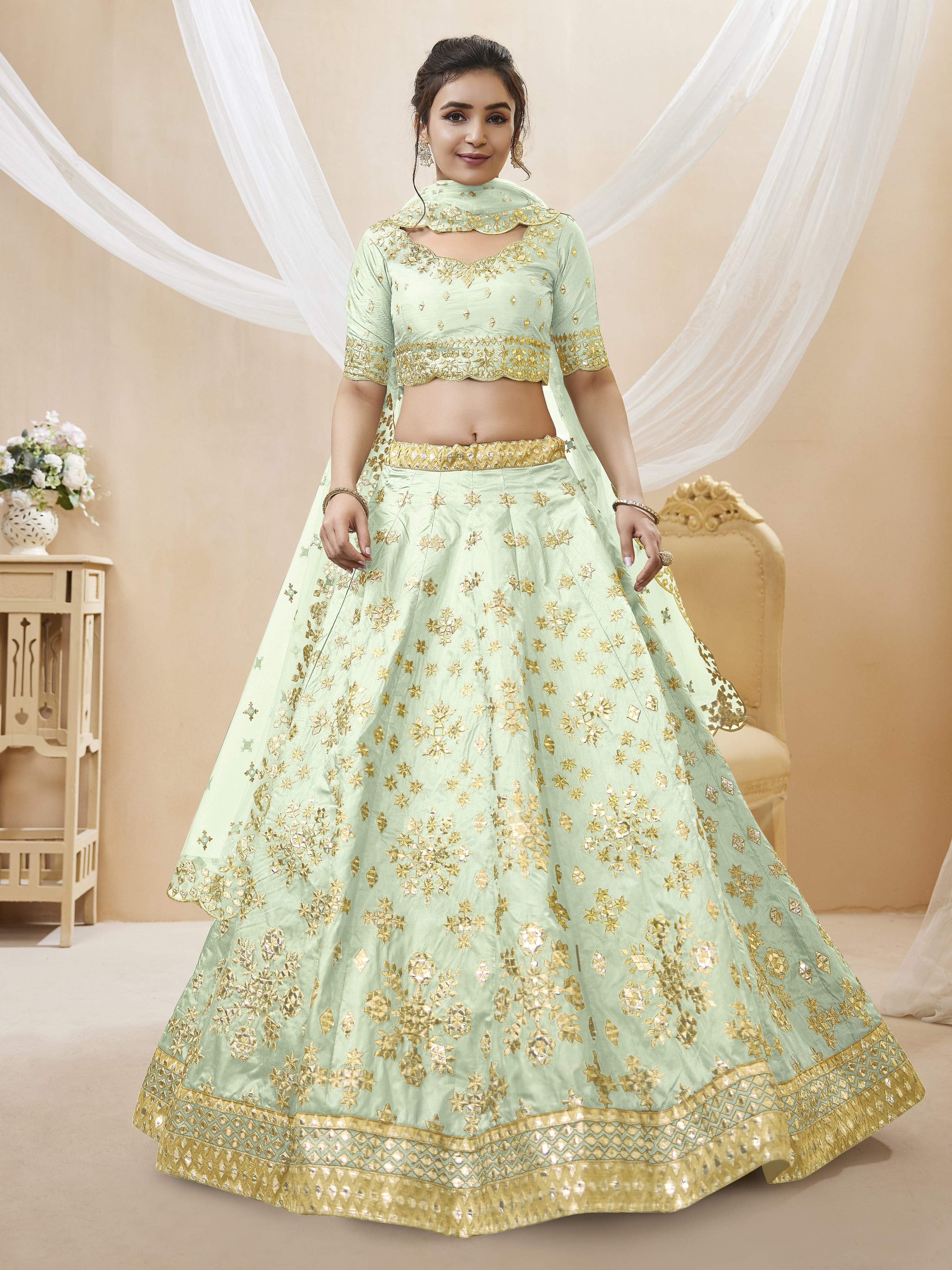 Jyoti Fashion Women's Pista Art Silk Sequins with Foil & Zari Embroidered Lehenga Choli & Dupatta - Distacart